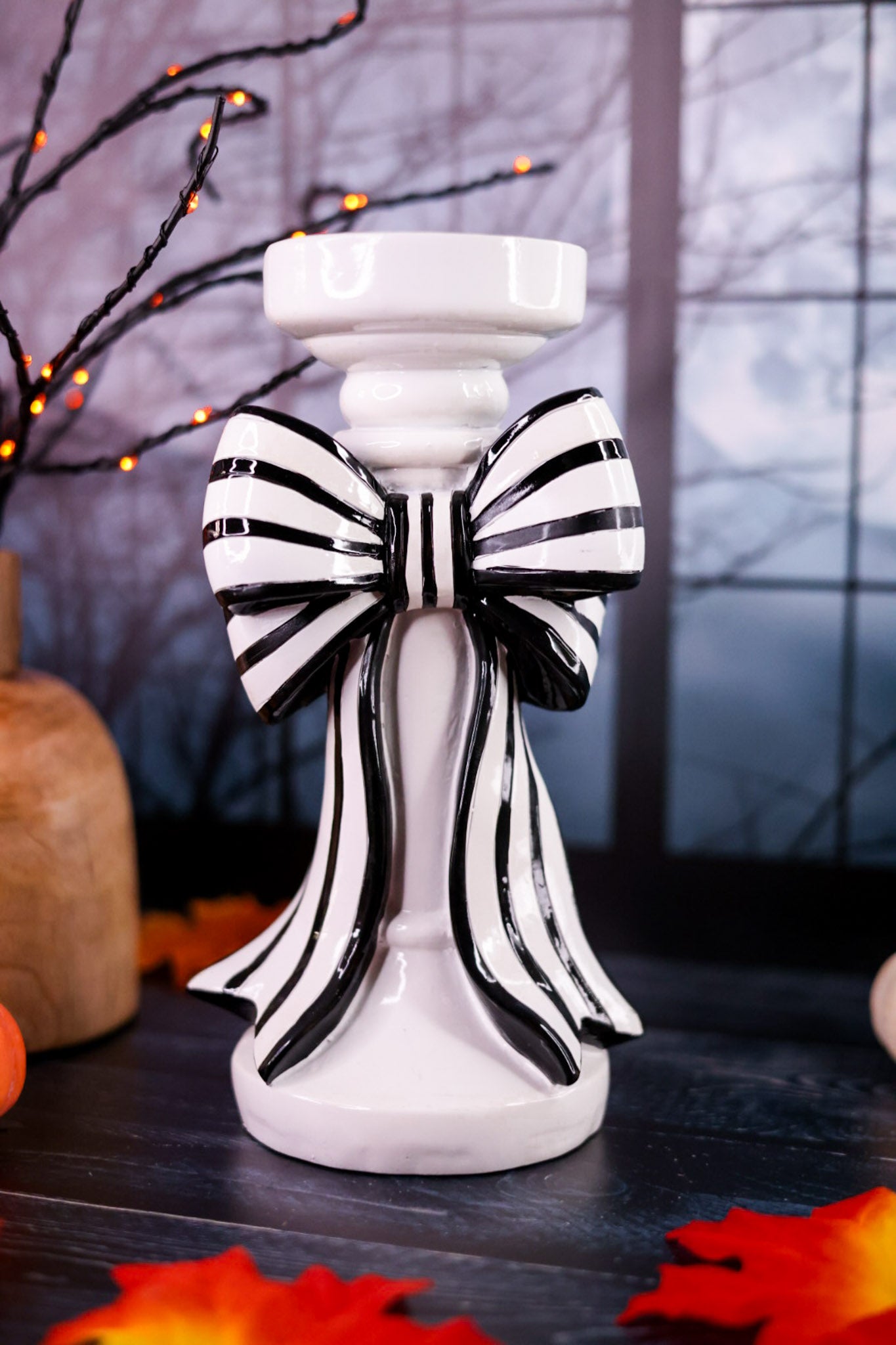 Black & White Striped Bow Resin Candle Holders (2 Sizes)
