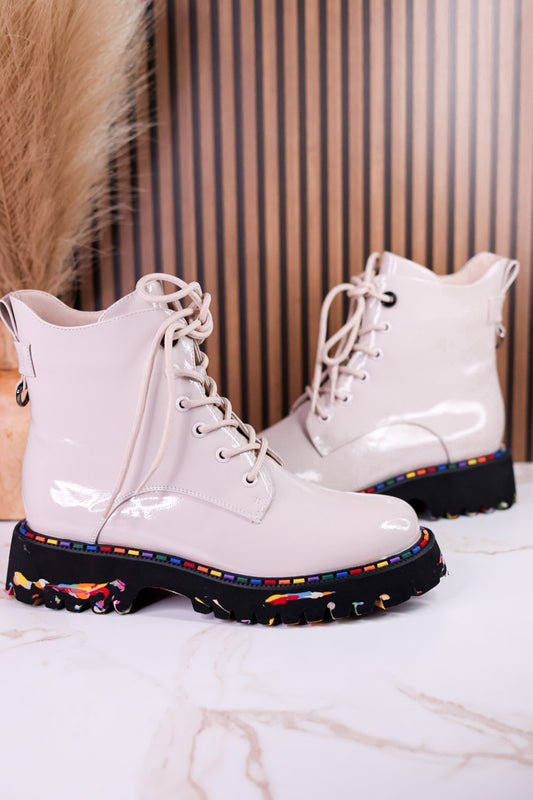 Mistique Off White Patent Leather Boots With Colorful Soles