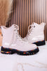 Mistique Off White Patent Leather Boots With Colorful Soles