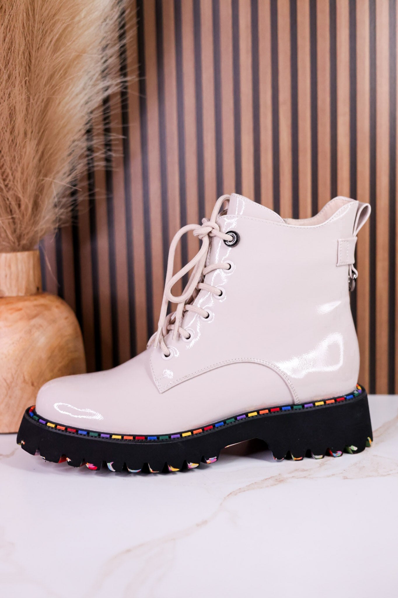 Mistique Off White Patent Leather Boots With Colorful Soles