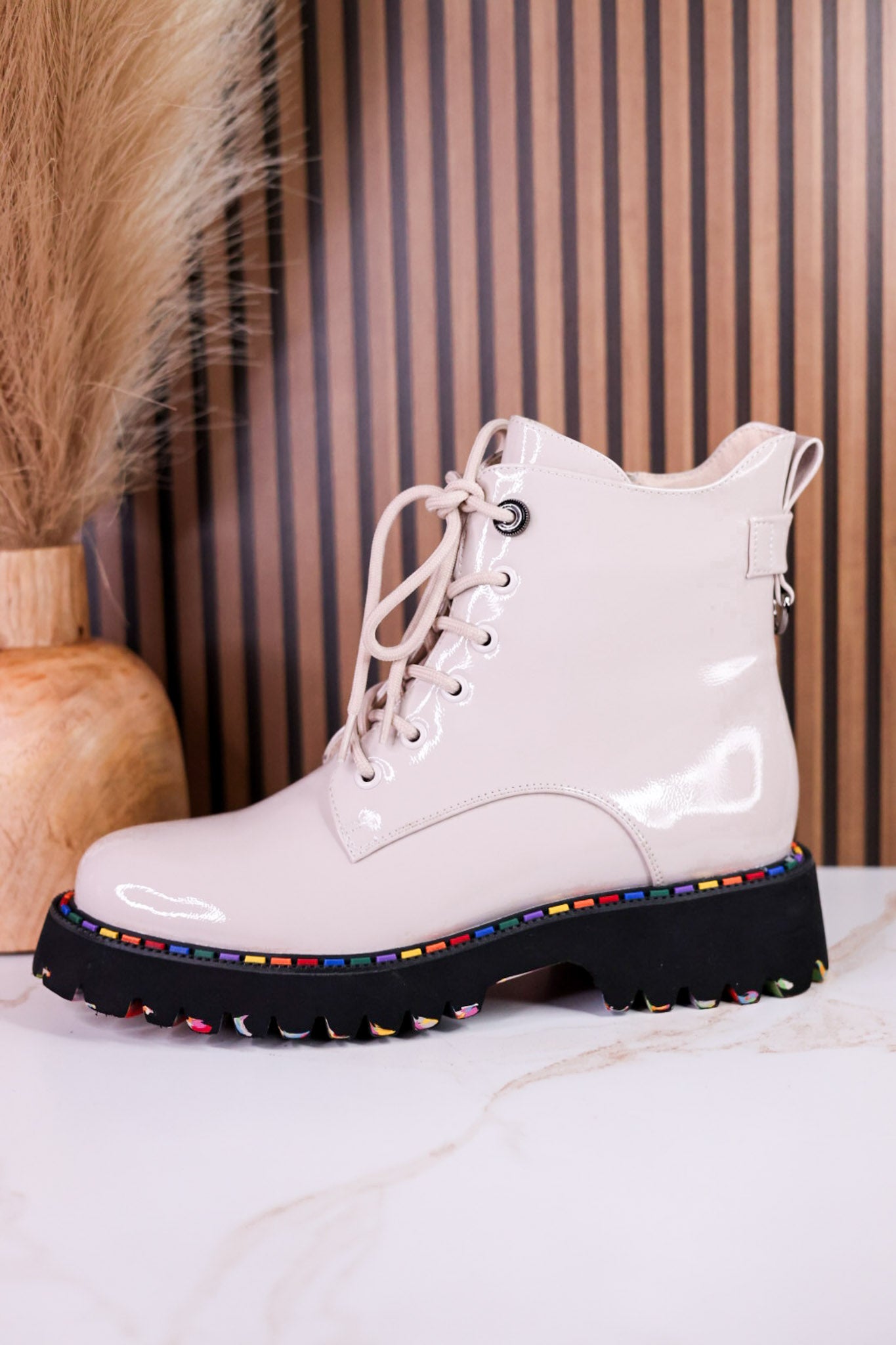 Mistique Off White Patent Leather Boots With Colorful Soles