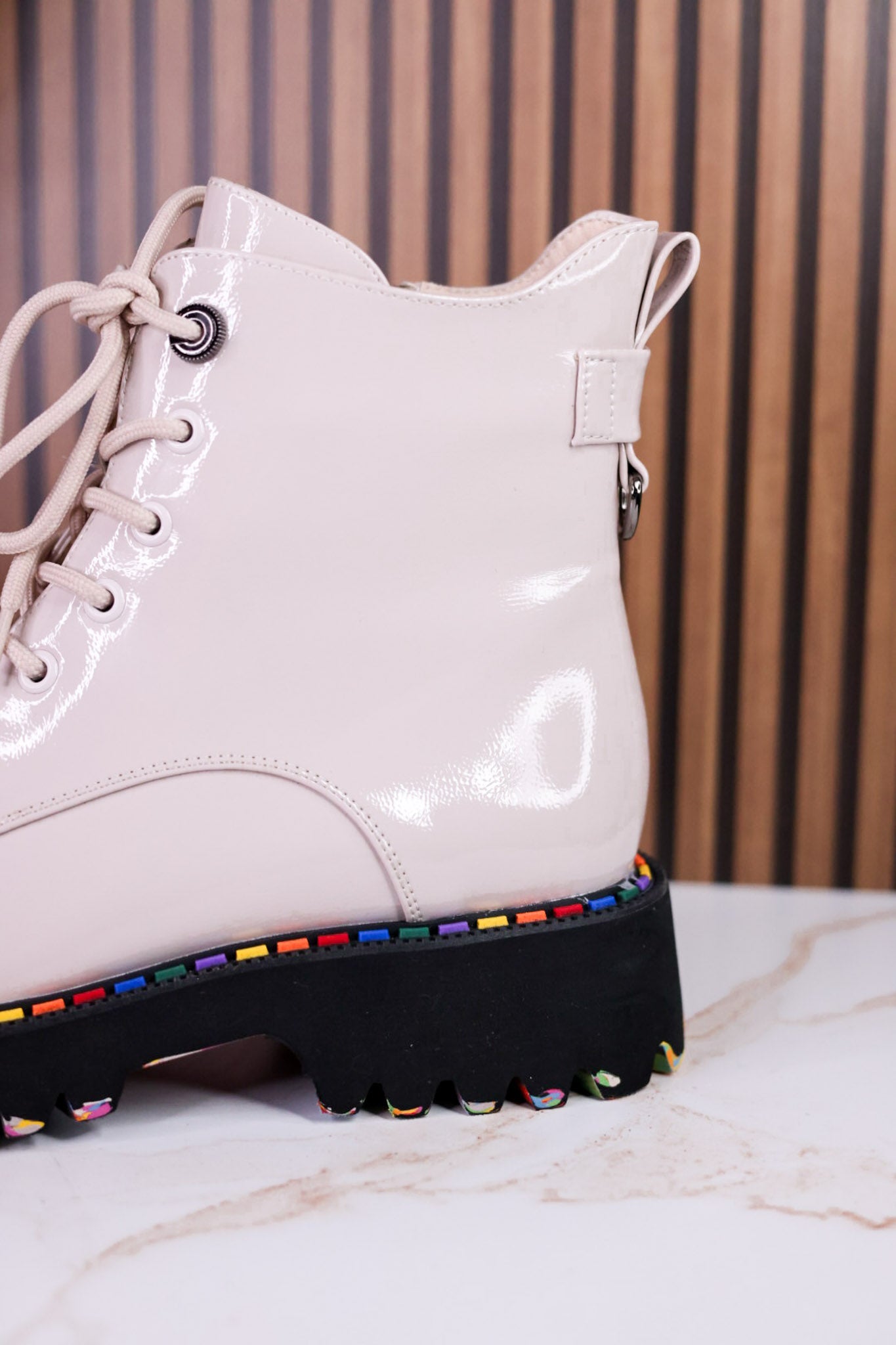 Mistique Off White Patent Leather Boots With Colorful Soles