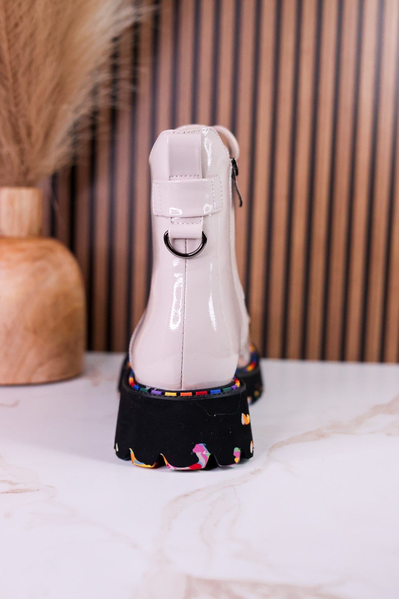 Mistique Off White Patent Leather Boots With Colorful Soles
