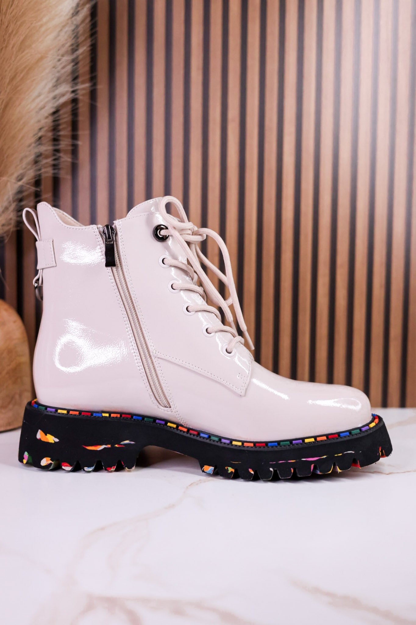 Mistique Off White Patent Leather Boots With Colorful Soles