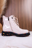Mistique Off White Patent Leather Boots With Colorful Soles