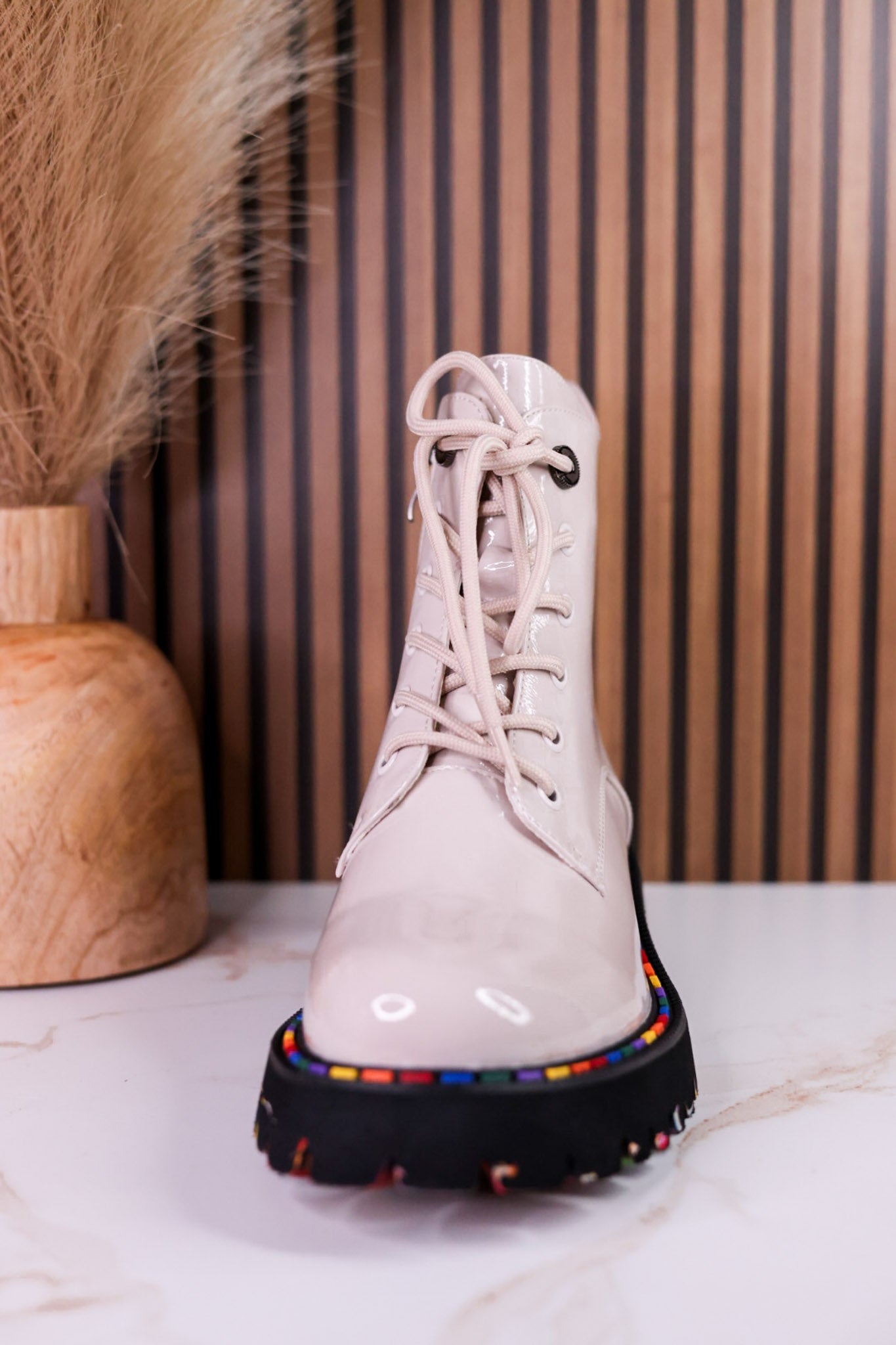 Mistique Off White Patent Leather Boots With Colorful Soles