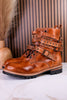 Tan Leather Strappy Combat Boots With Studded Details
