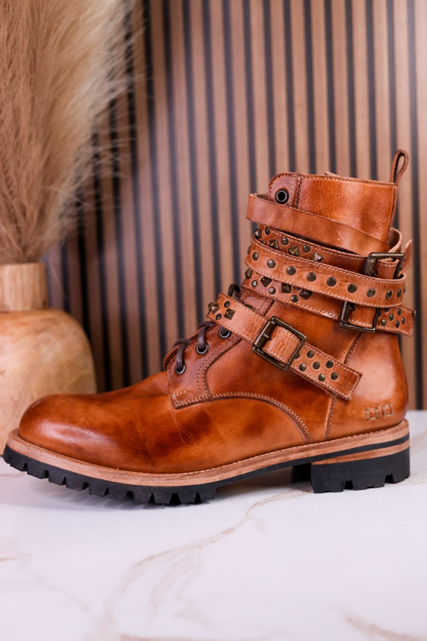 Tan Leather Strappy Combat Boots With Studded Details