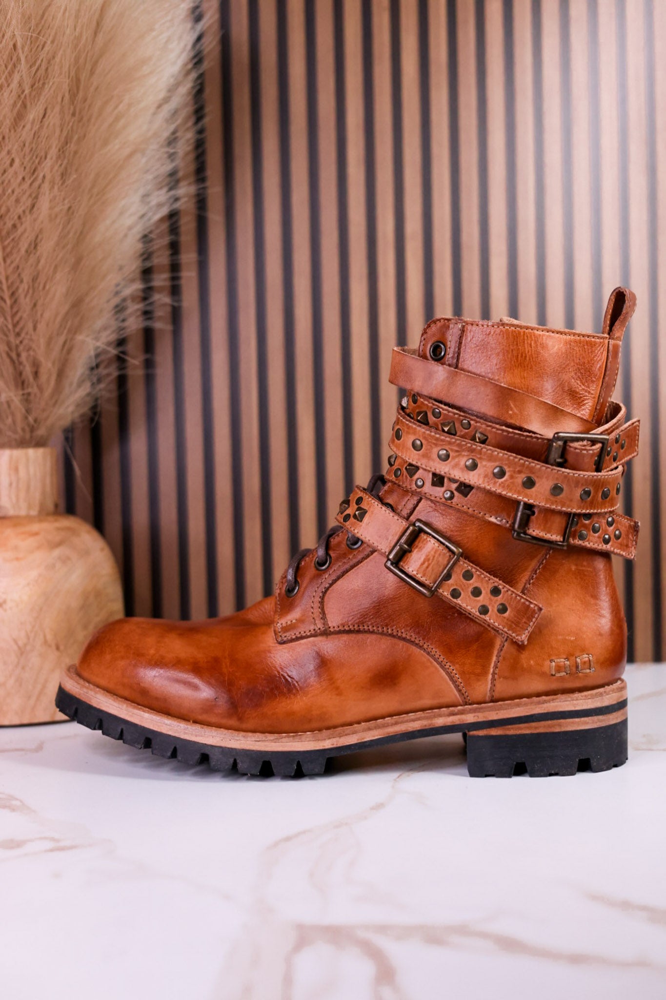 Tan Leather Strappy Combat Boots With Studded Details