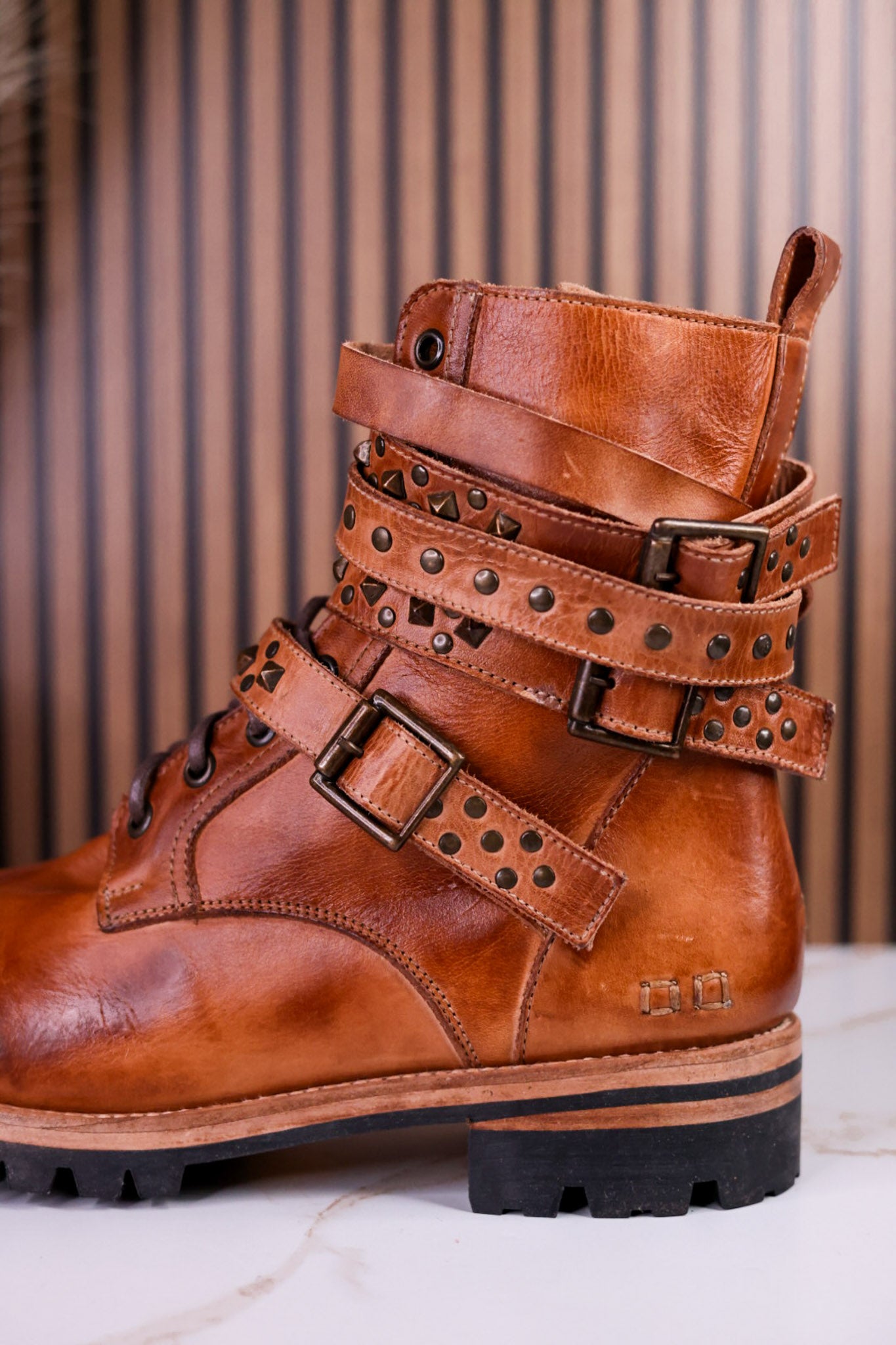 Tan Leather Strappy Combat Boots With Studded Details