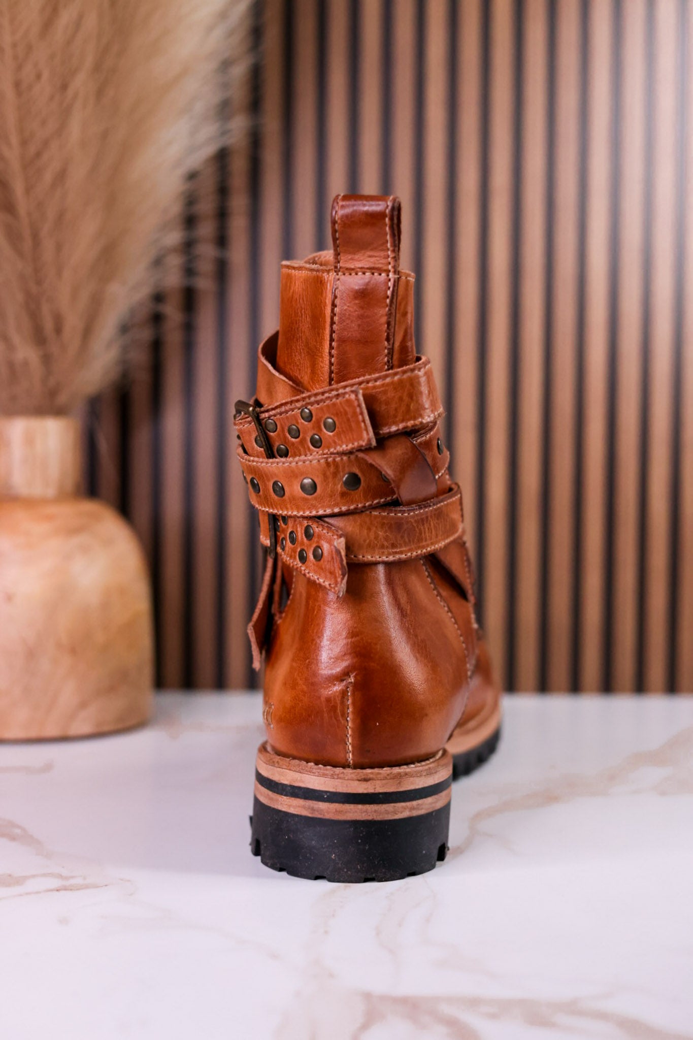 Tan Leather Strappy Combat Boots With Studded Details