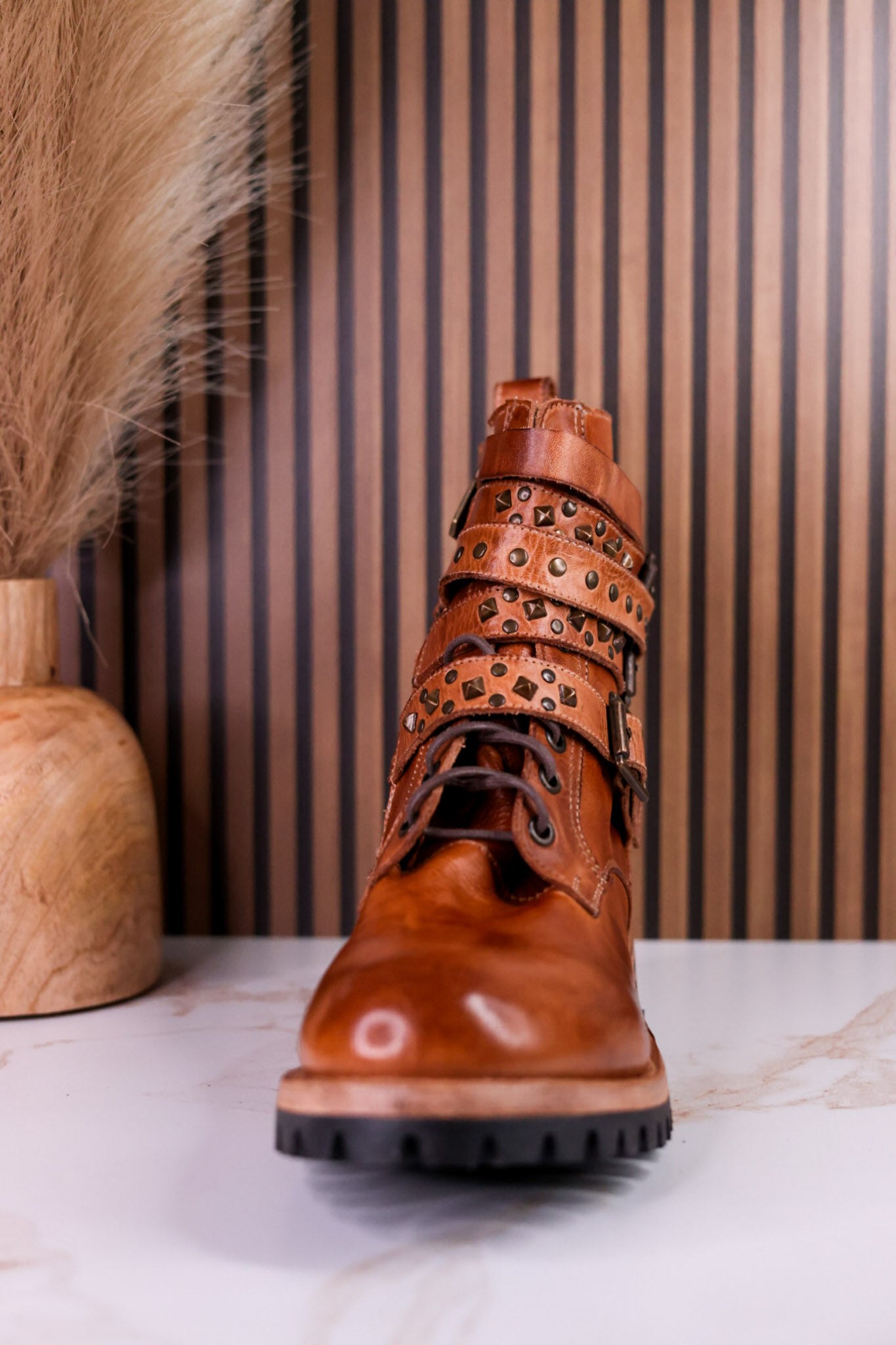Tan Leather Strappy Combat Boots With Studded Details