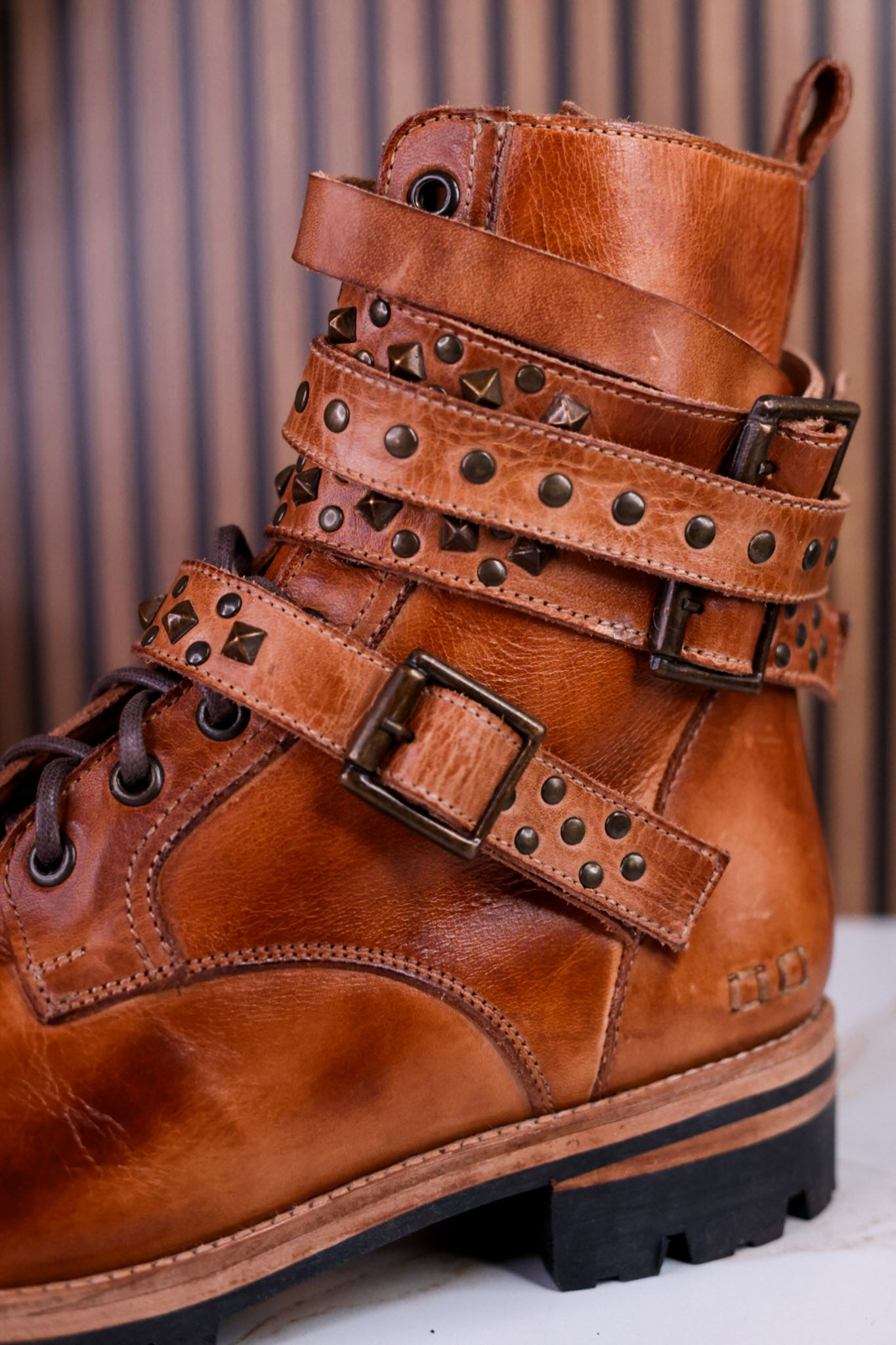 Tan Leather Strappy Combat Boots With Studded Details