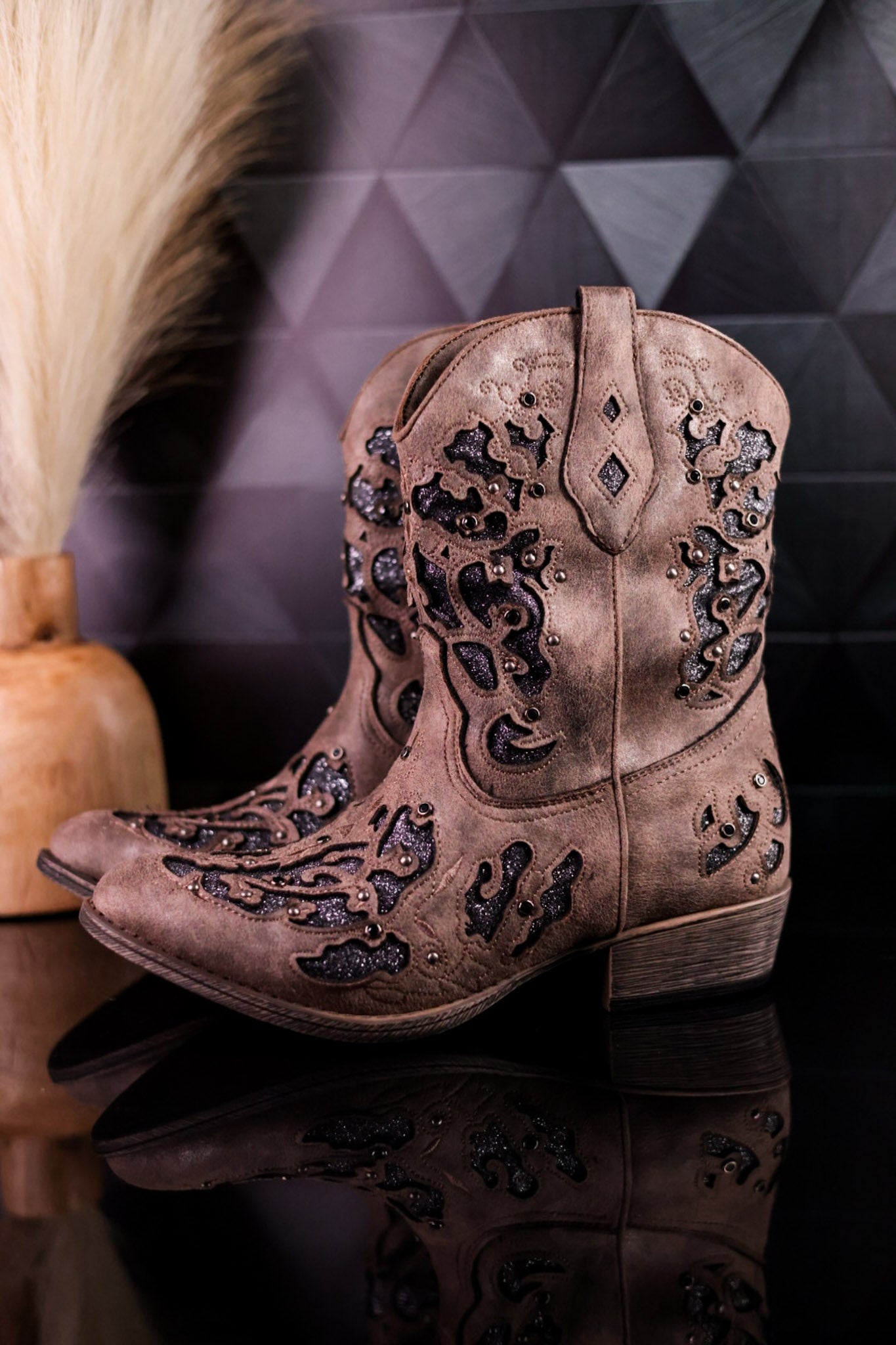 Glitzy Western Cutout Boots In Dark Taupe