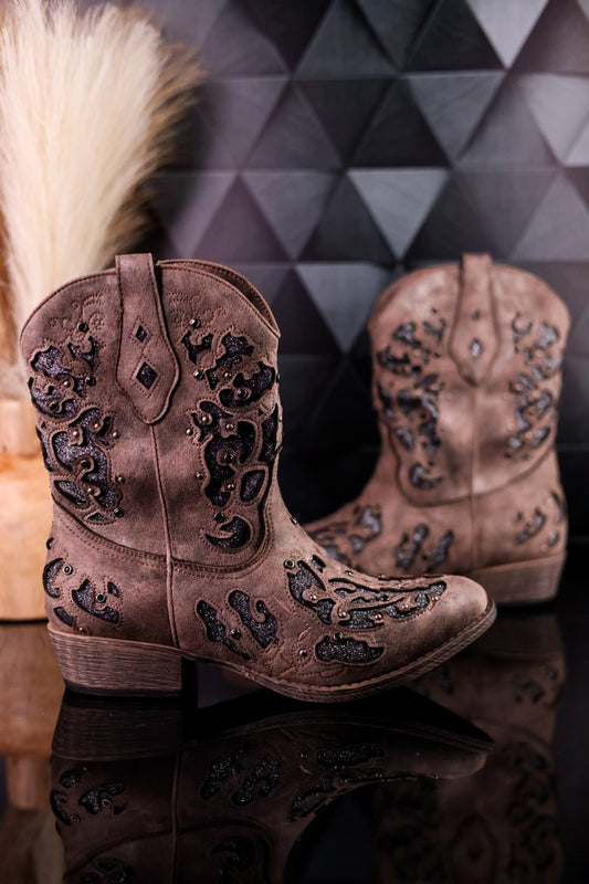 Glitzy Western Cutout Boots In Dark Taupe