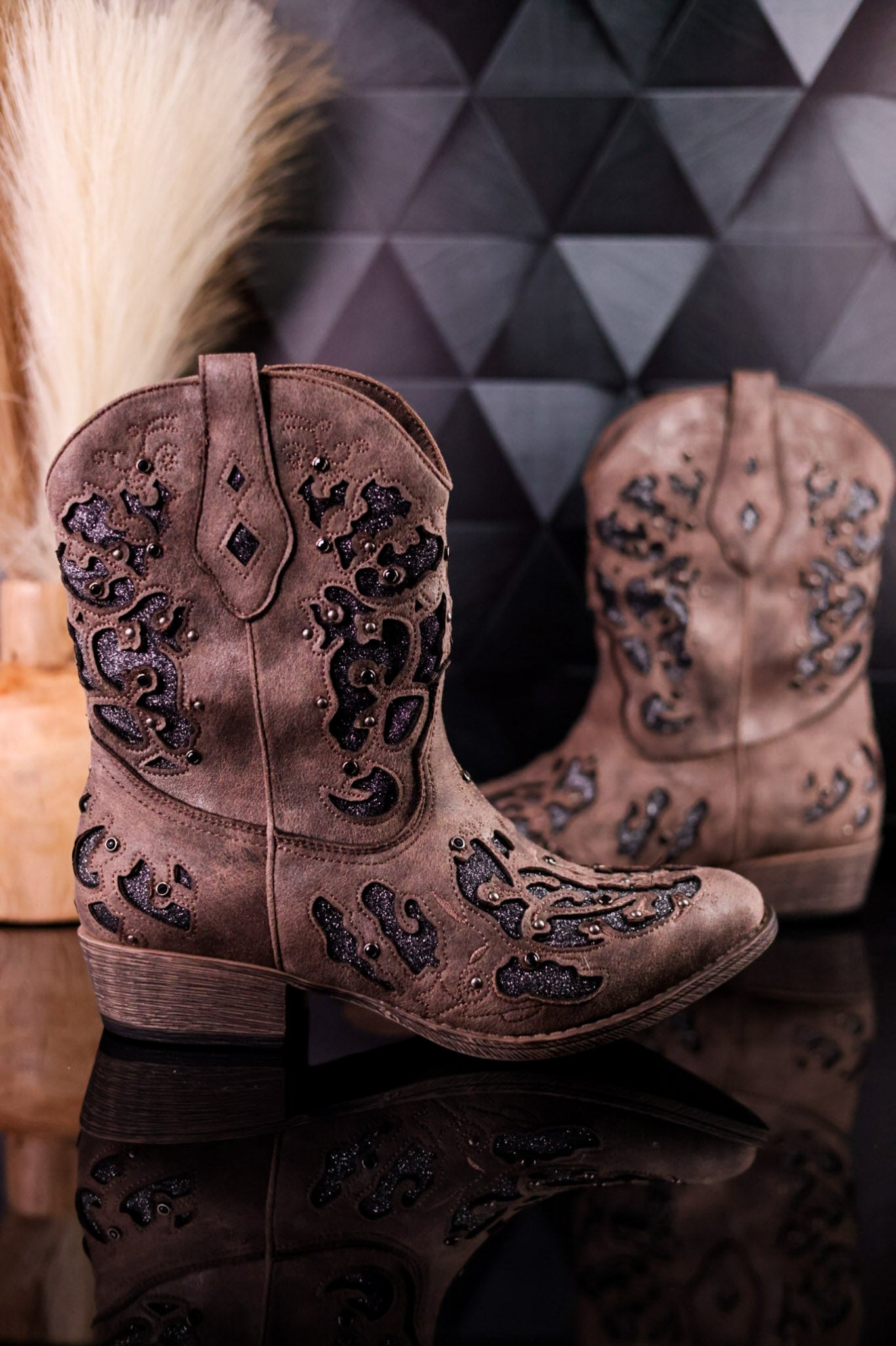 Glitzy Western Cutout Boots In Dark Taupe