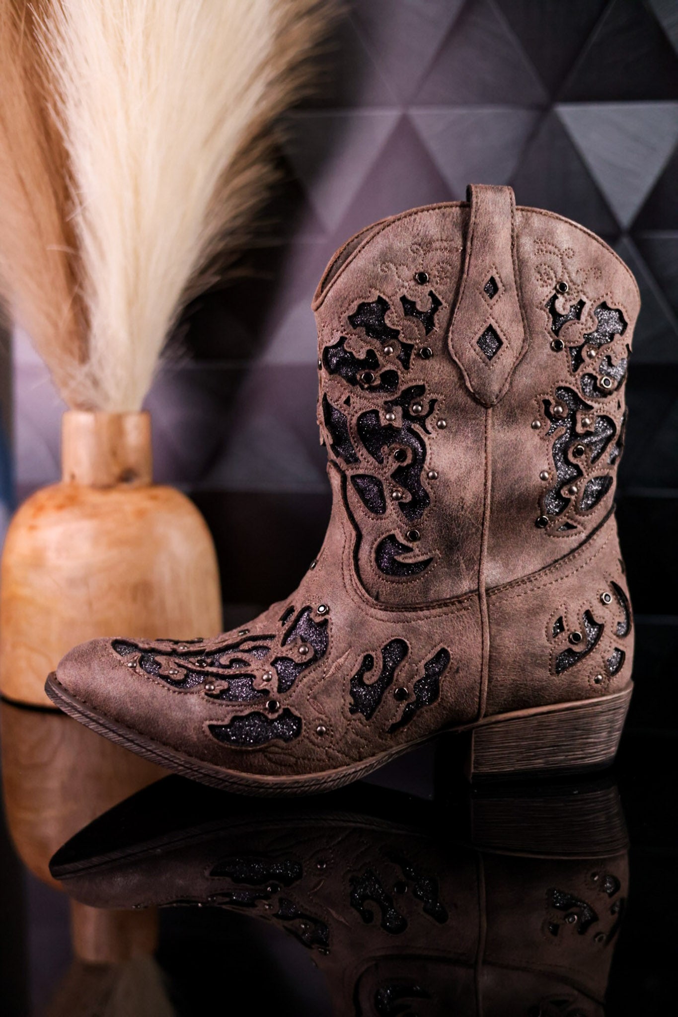 Glitzy Western Cutout Boots In Dark Taupe