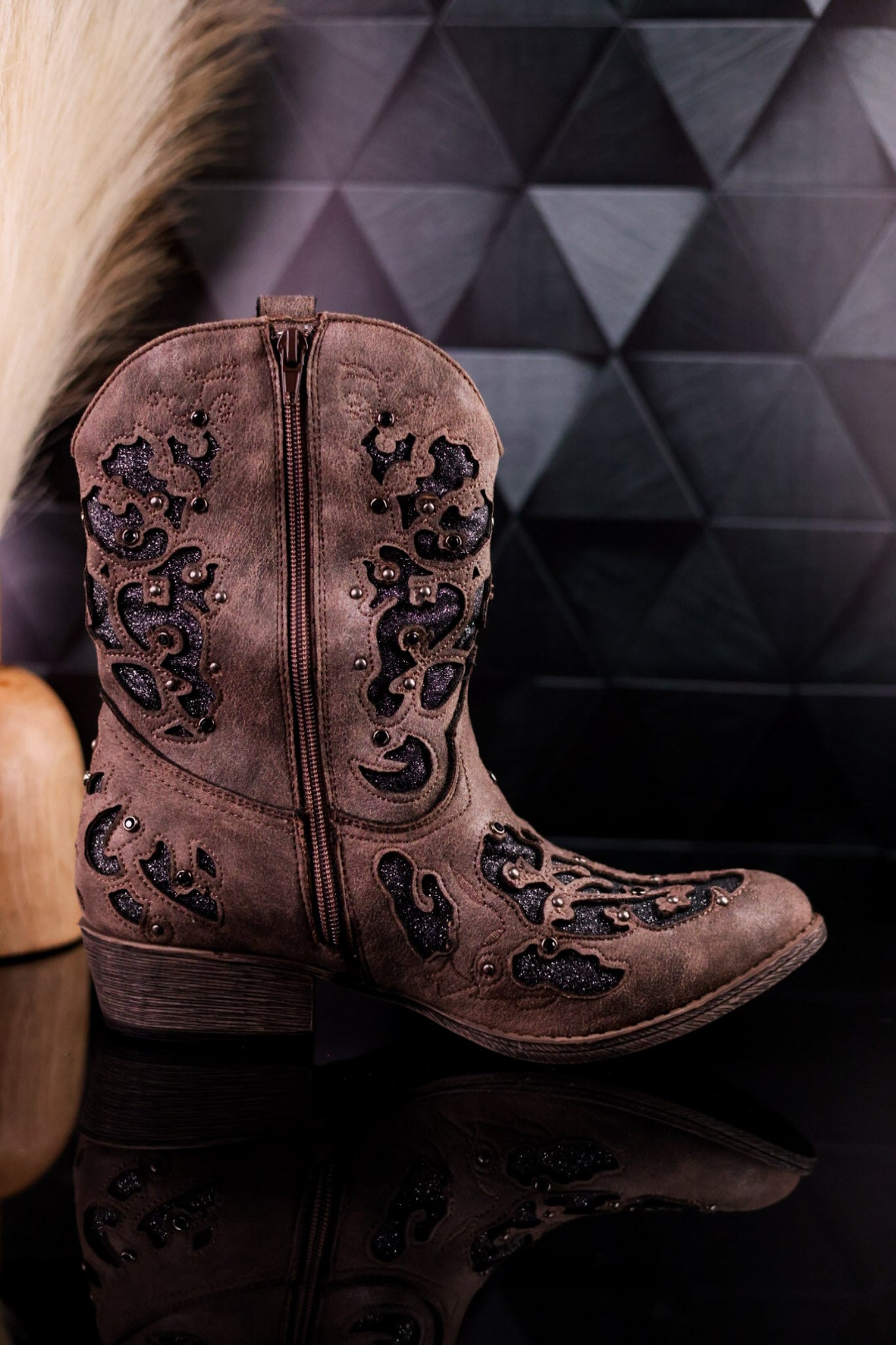 Glitzy Western Cutout Boots In Dark Taupe