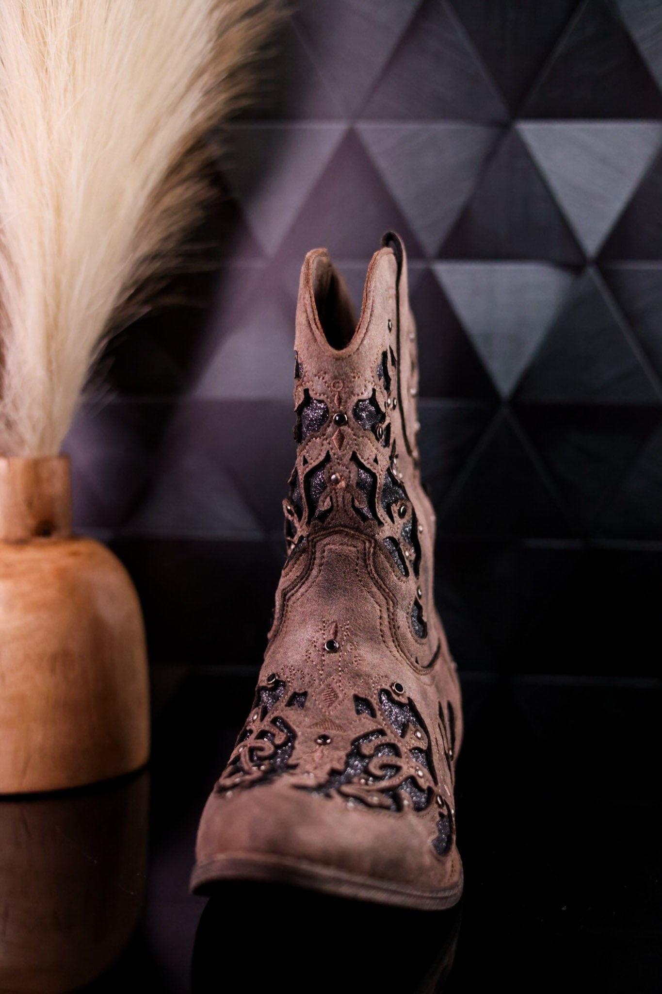 Glitzy Western Cutout Boots In Dark Taupe