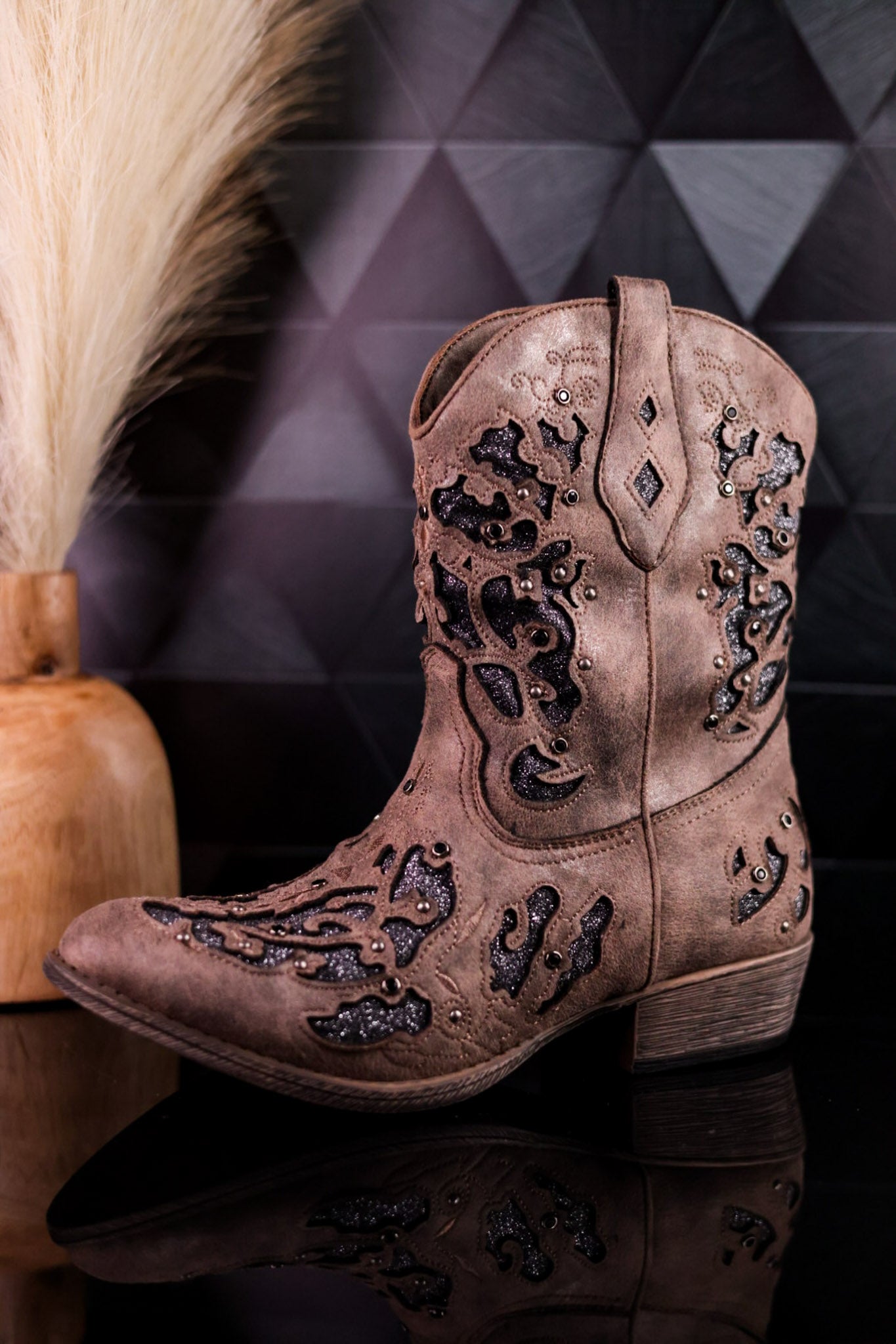 Glitzy Western Cutout Boots In Dark Taupe