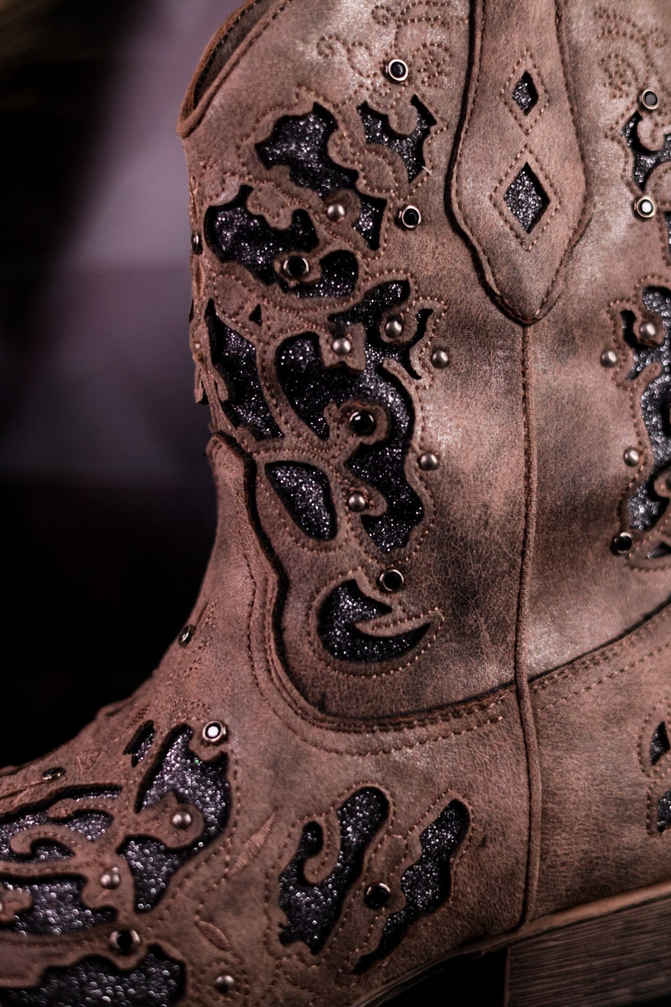 Glitzy Western Cutout Boots In Dark Taupe