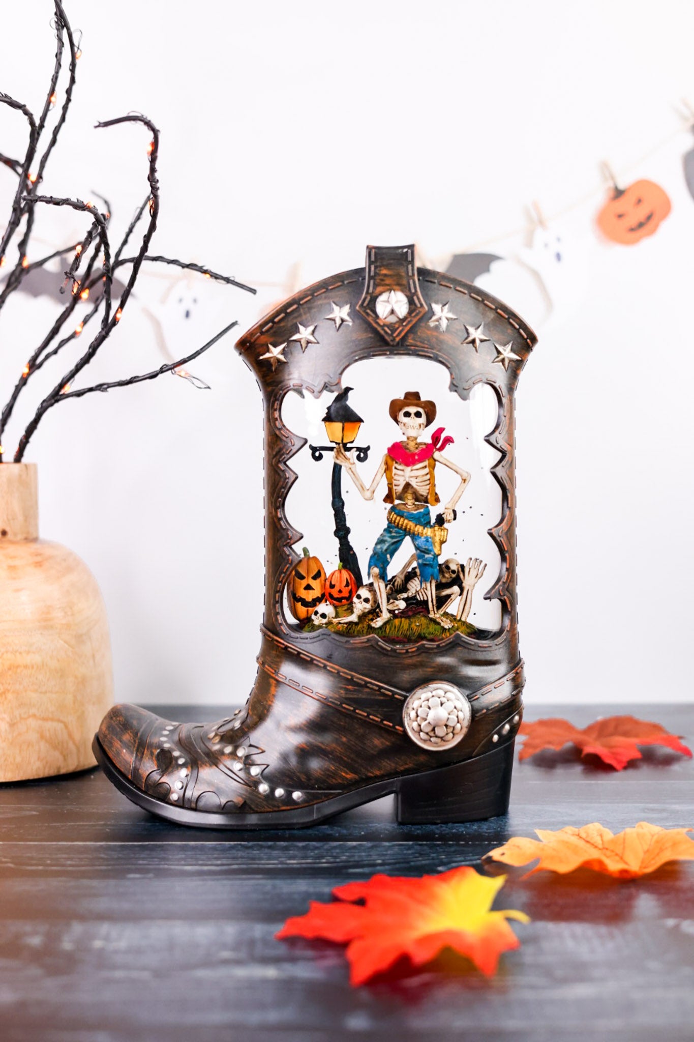10" LED Boot Water Globe With Cowboy Skeleton
