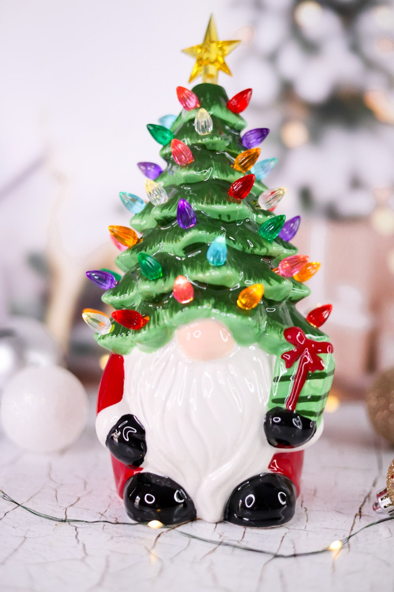 11.5" Light Up Ceramic Christmas Tree Gnome