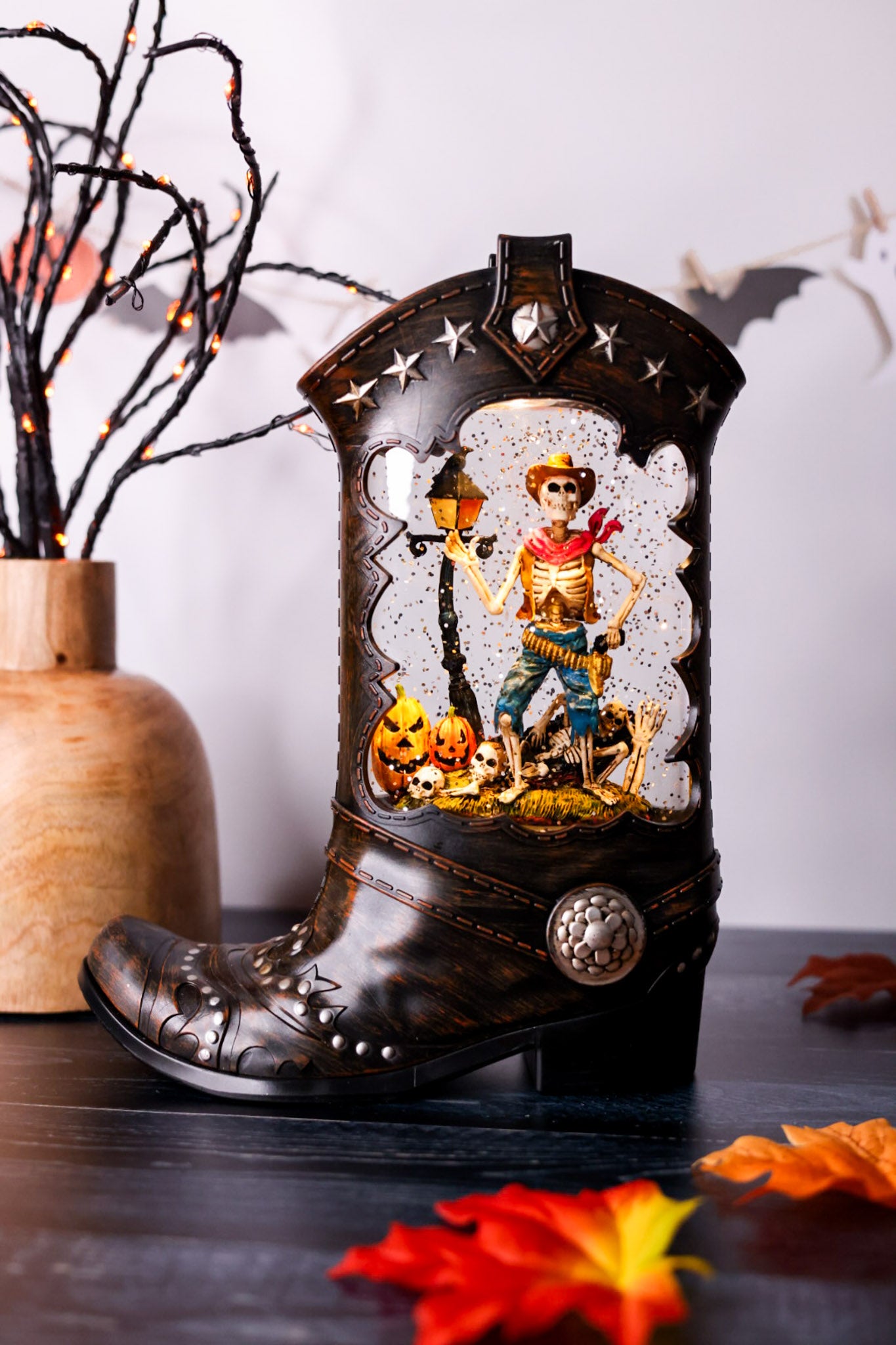 10" LED Boot Water Globe With Cowboy Skeleton