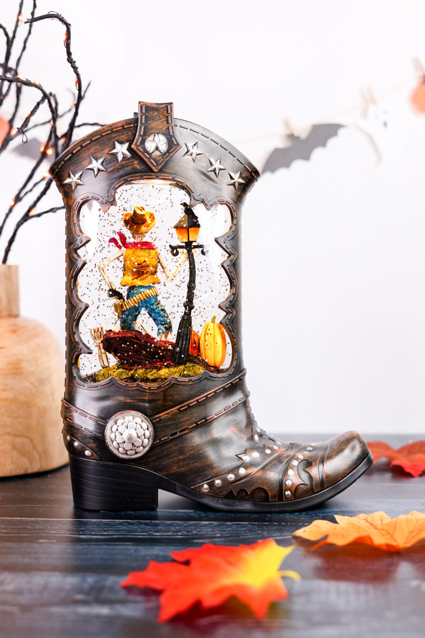 10" LED Boot Water Globe With Cowboy Skeleton