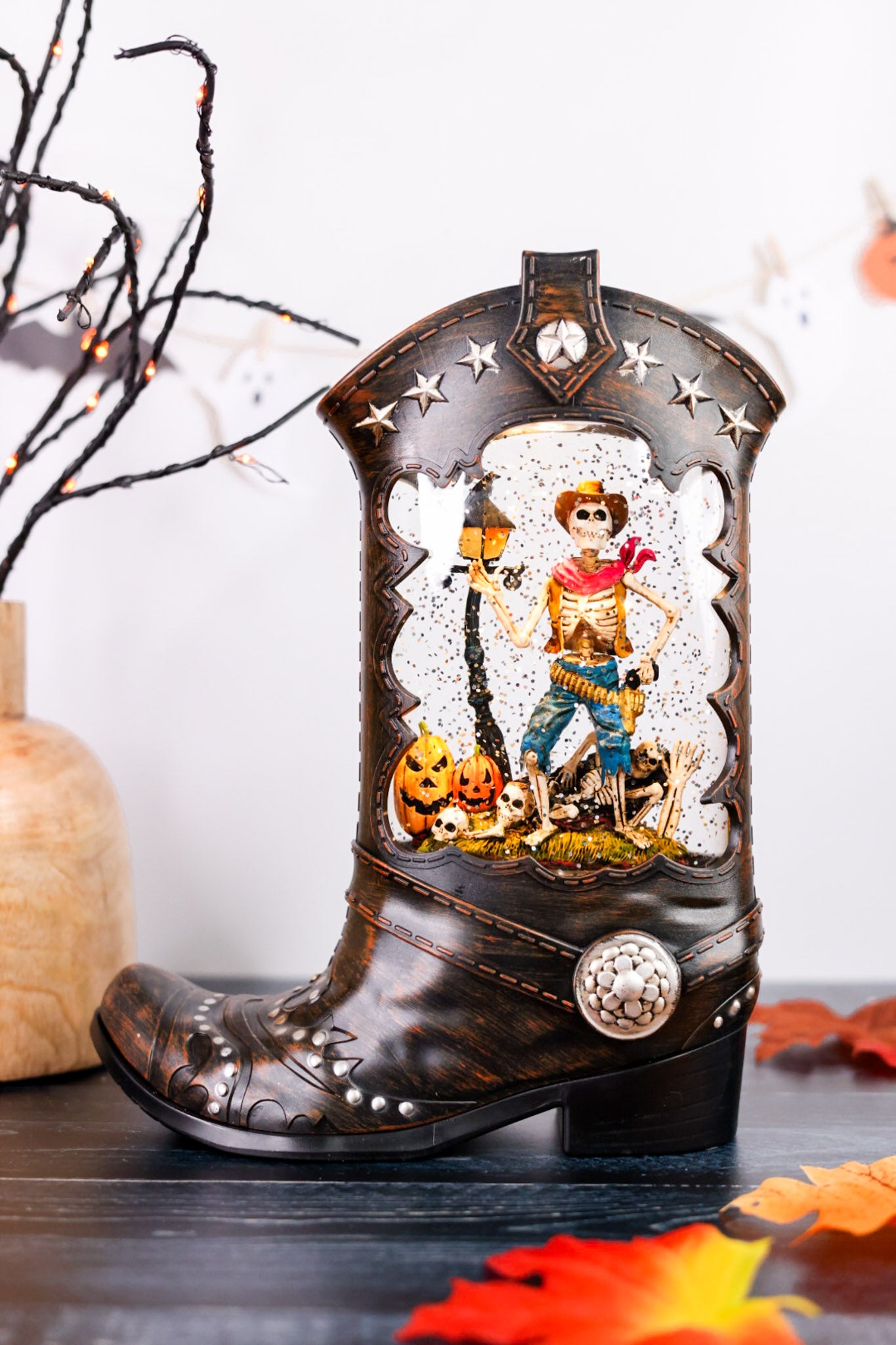 10" LED Boot Water Globe With Cowboy Skeleton