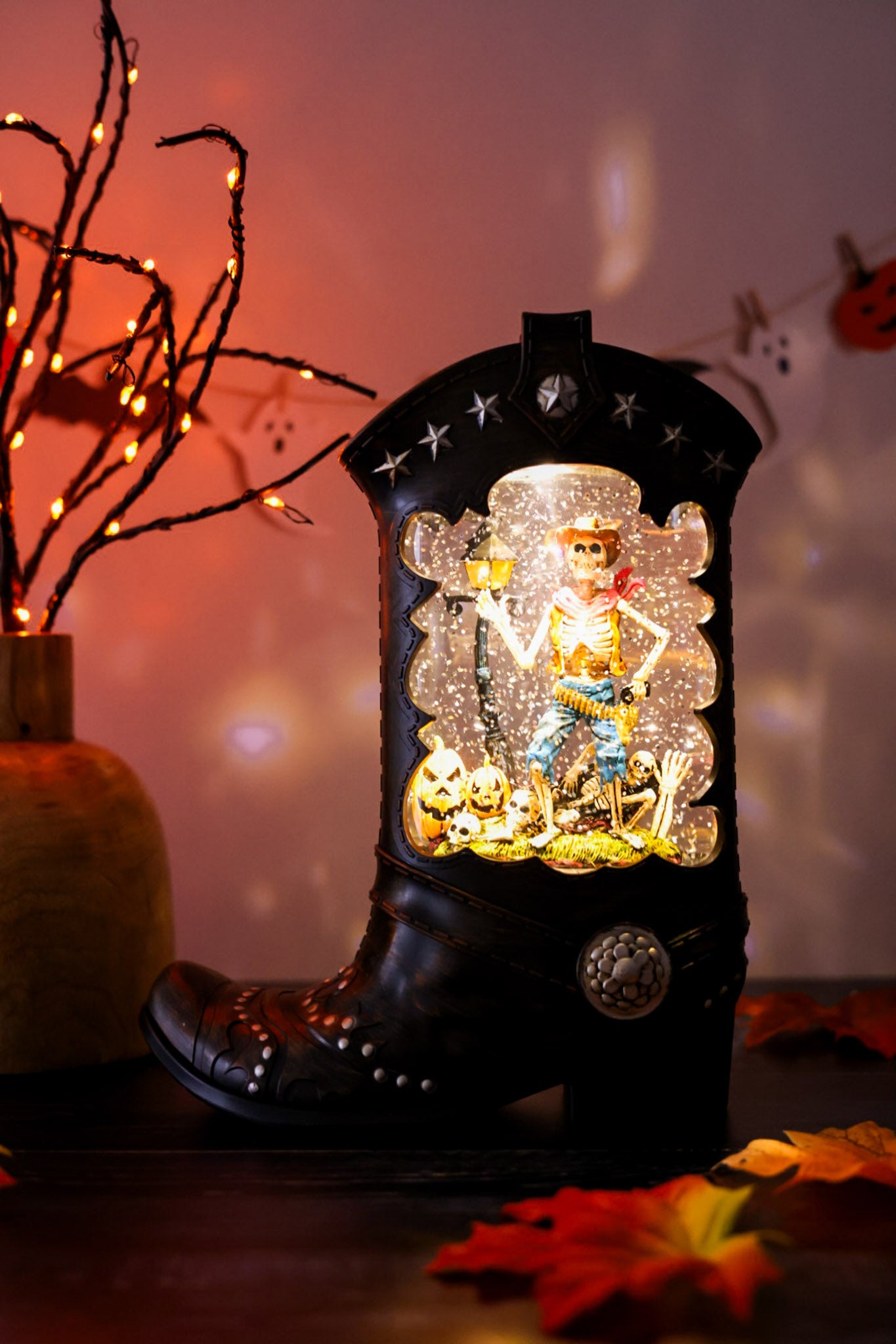 10" LED Boot Water Globe With Cowboy Skeleton