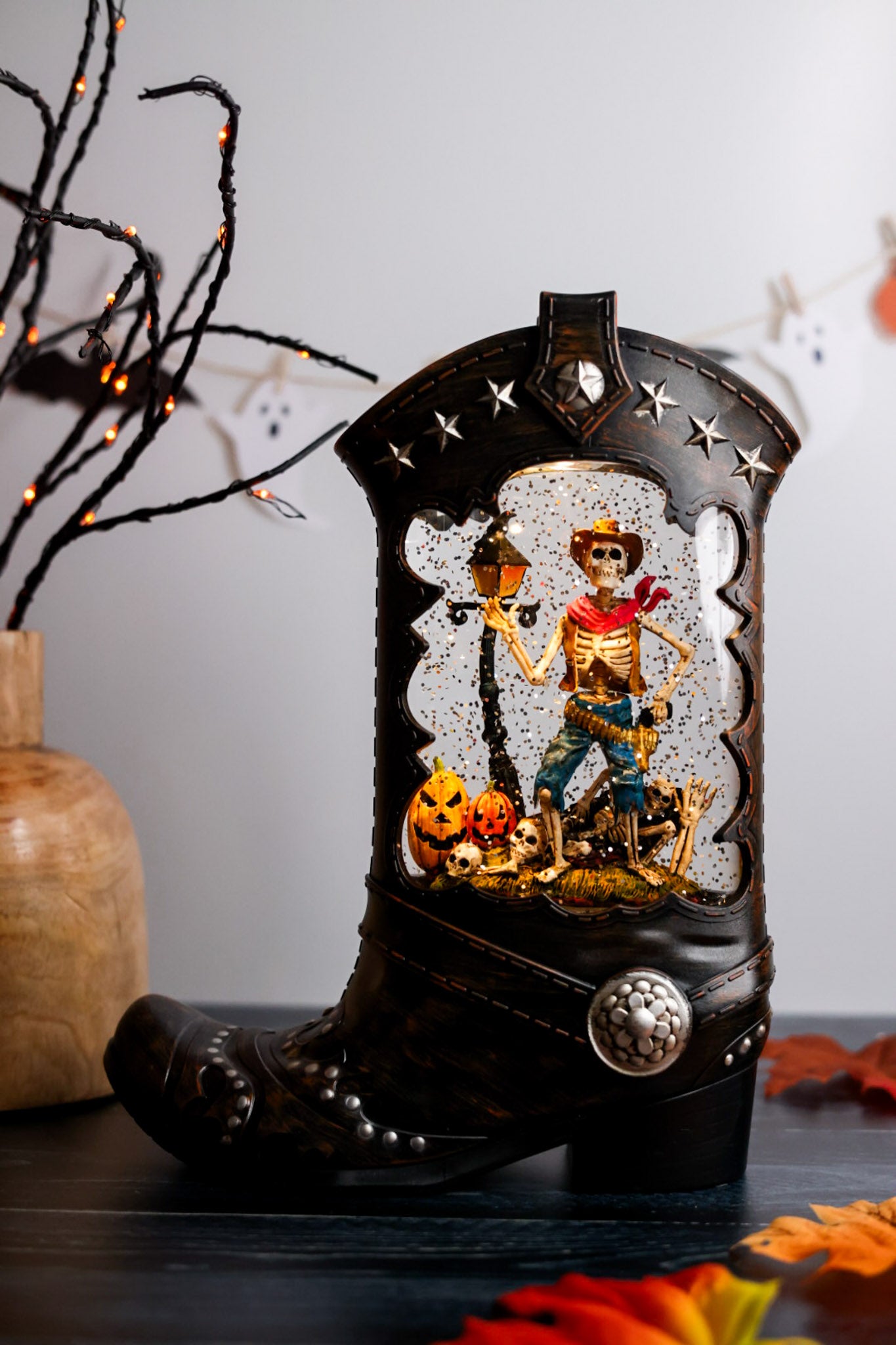 10" LED Boot Water Globe With Cowboy Skeleton