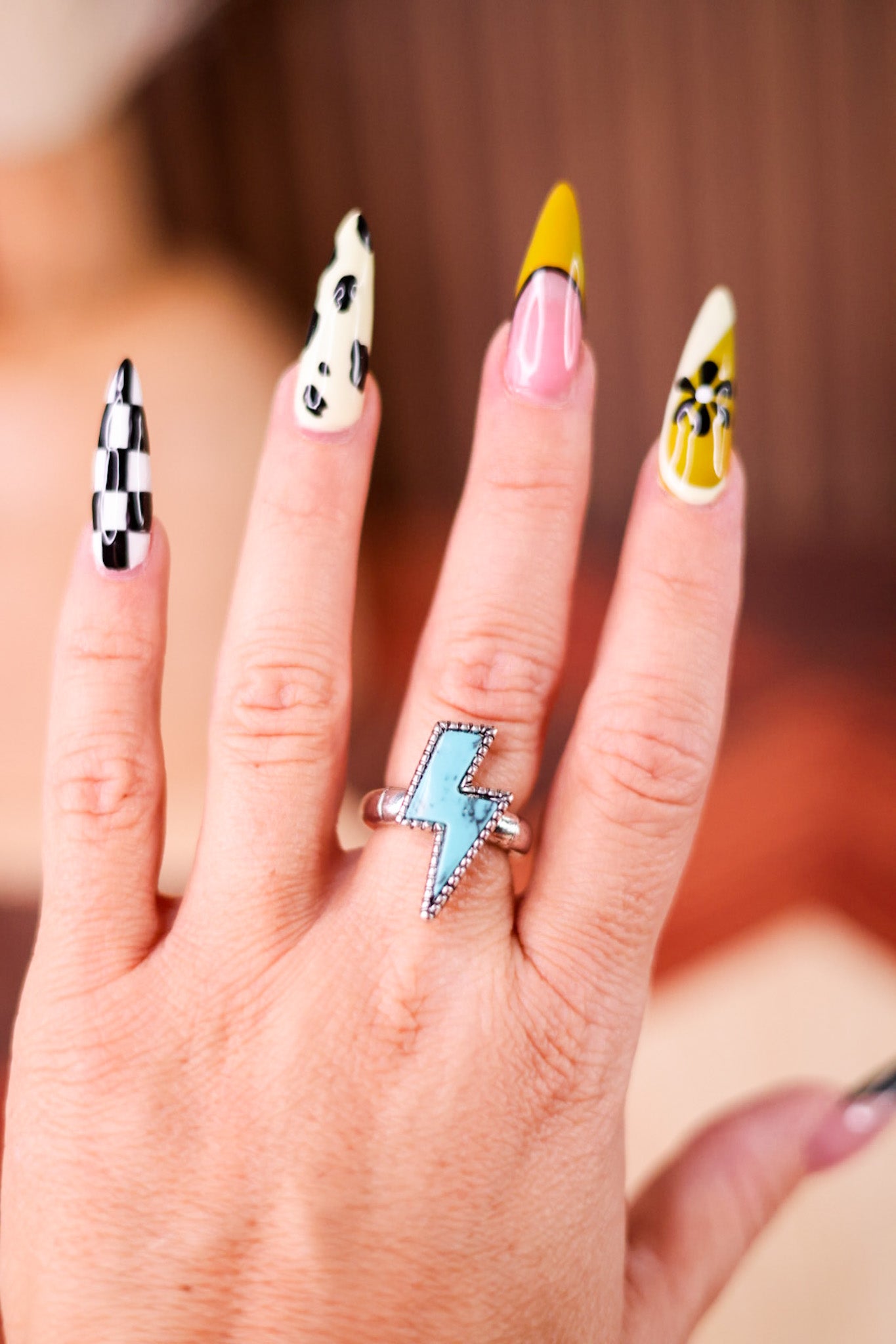 Turquoise Stone Lightning Bolt Adjustable Ring