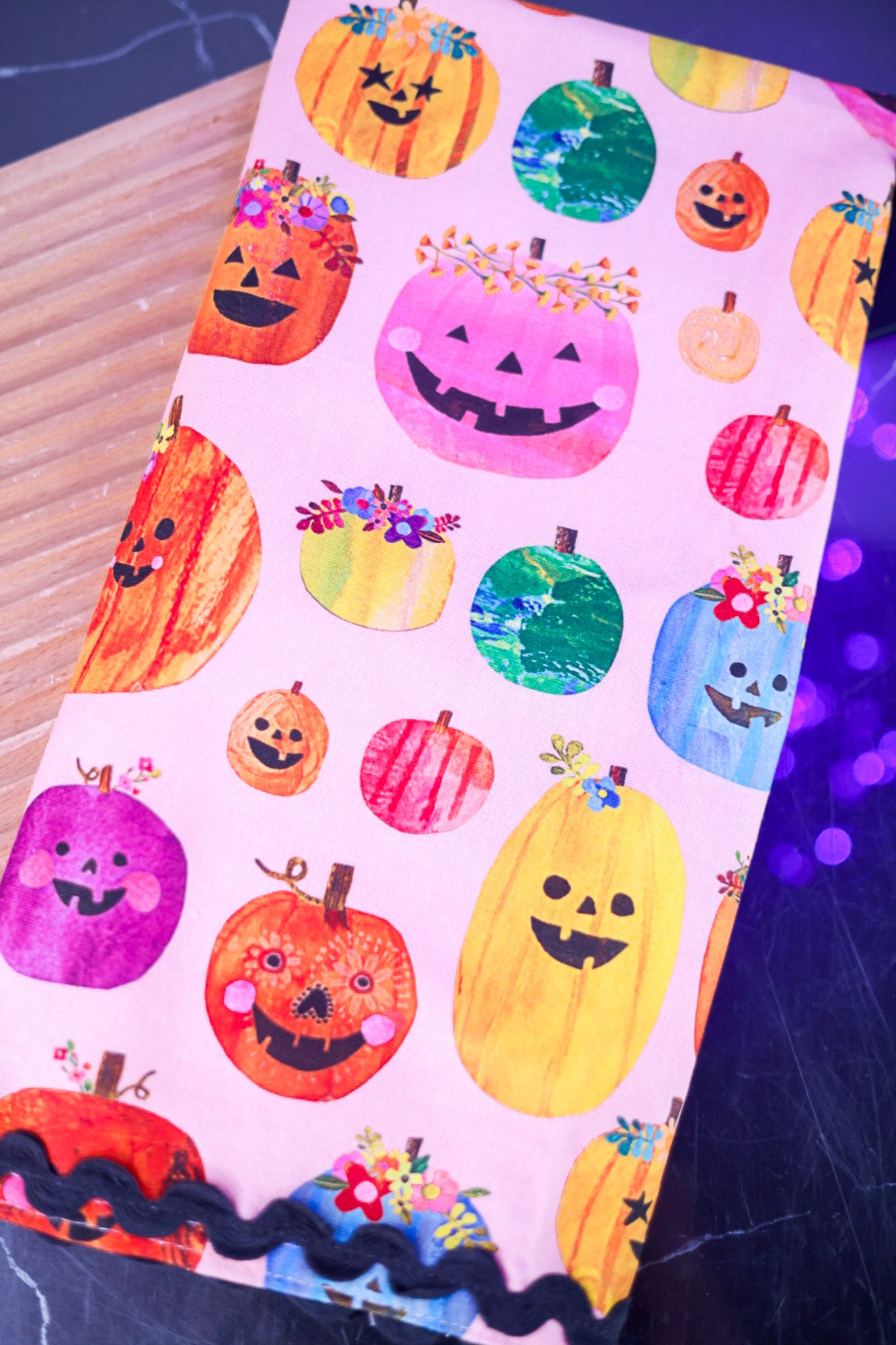 Colorful Pumpkins Kitchen Towel with Rickrack Trim