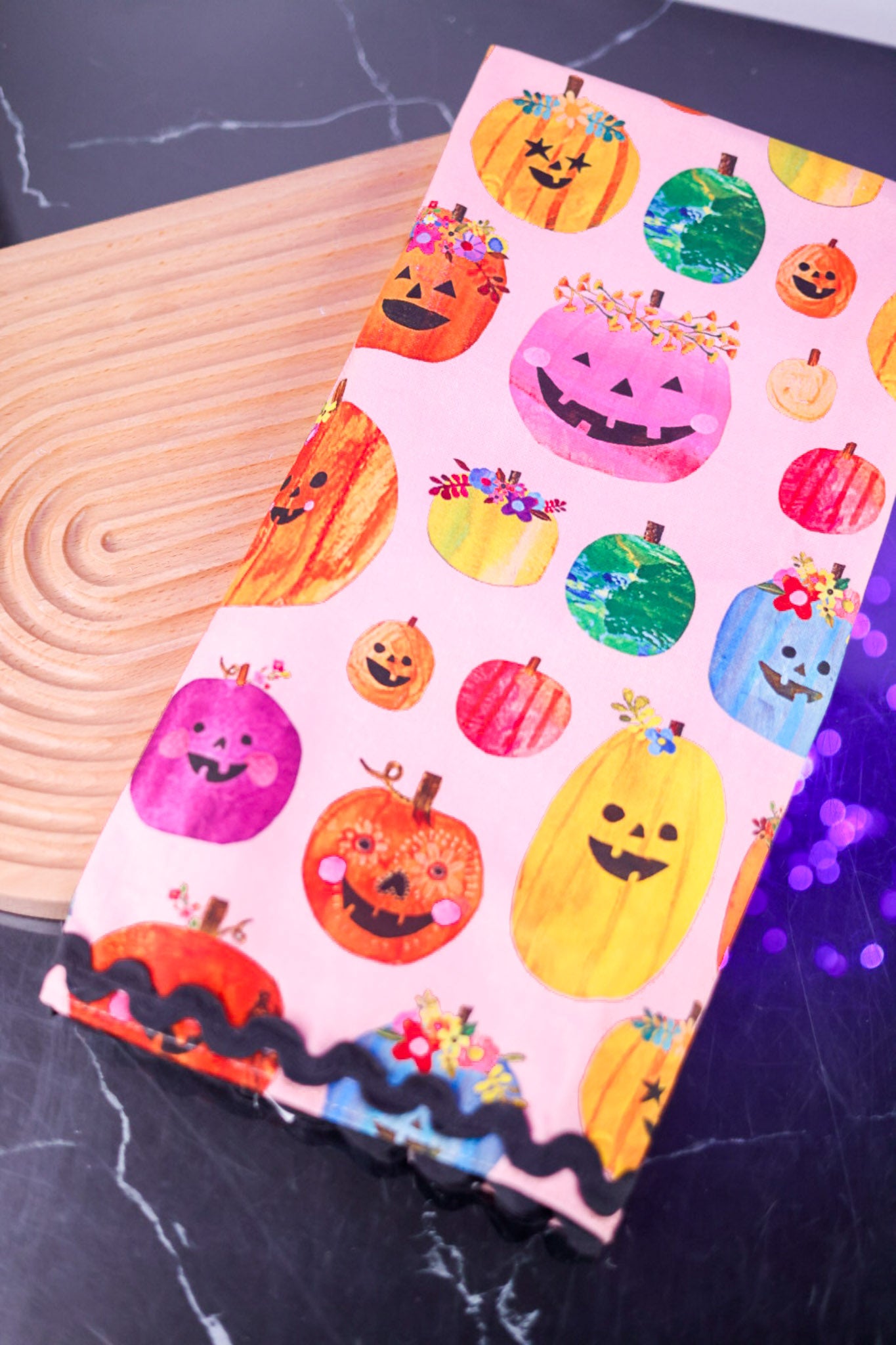 Colorful Pumpkins Kitchen Towel with Rickrack Trim