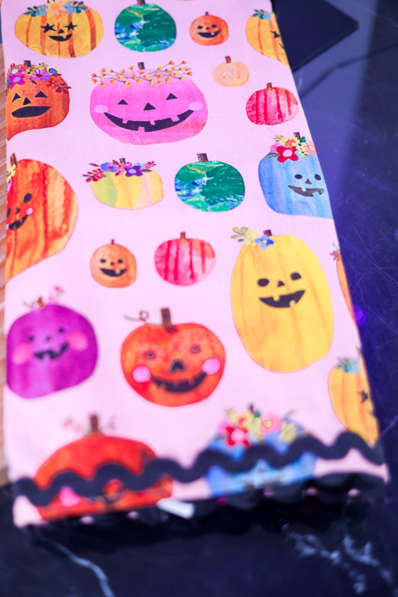 Colorful Pumpkins Kitchen Towel with Rickrack Trim