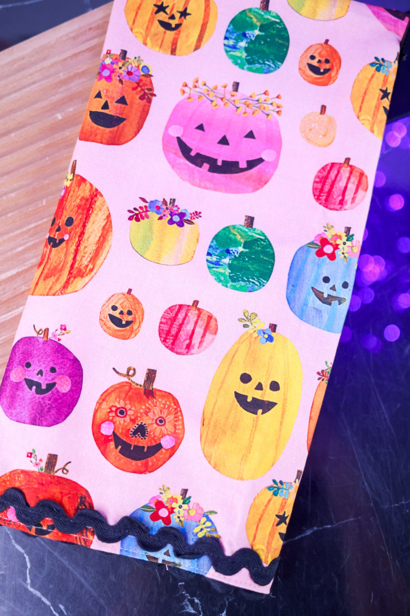 Colorful Pumpkins Kitchen Towel with Rickrack Trim