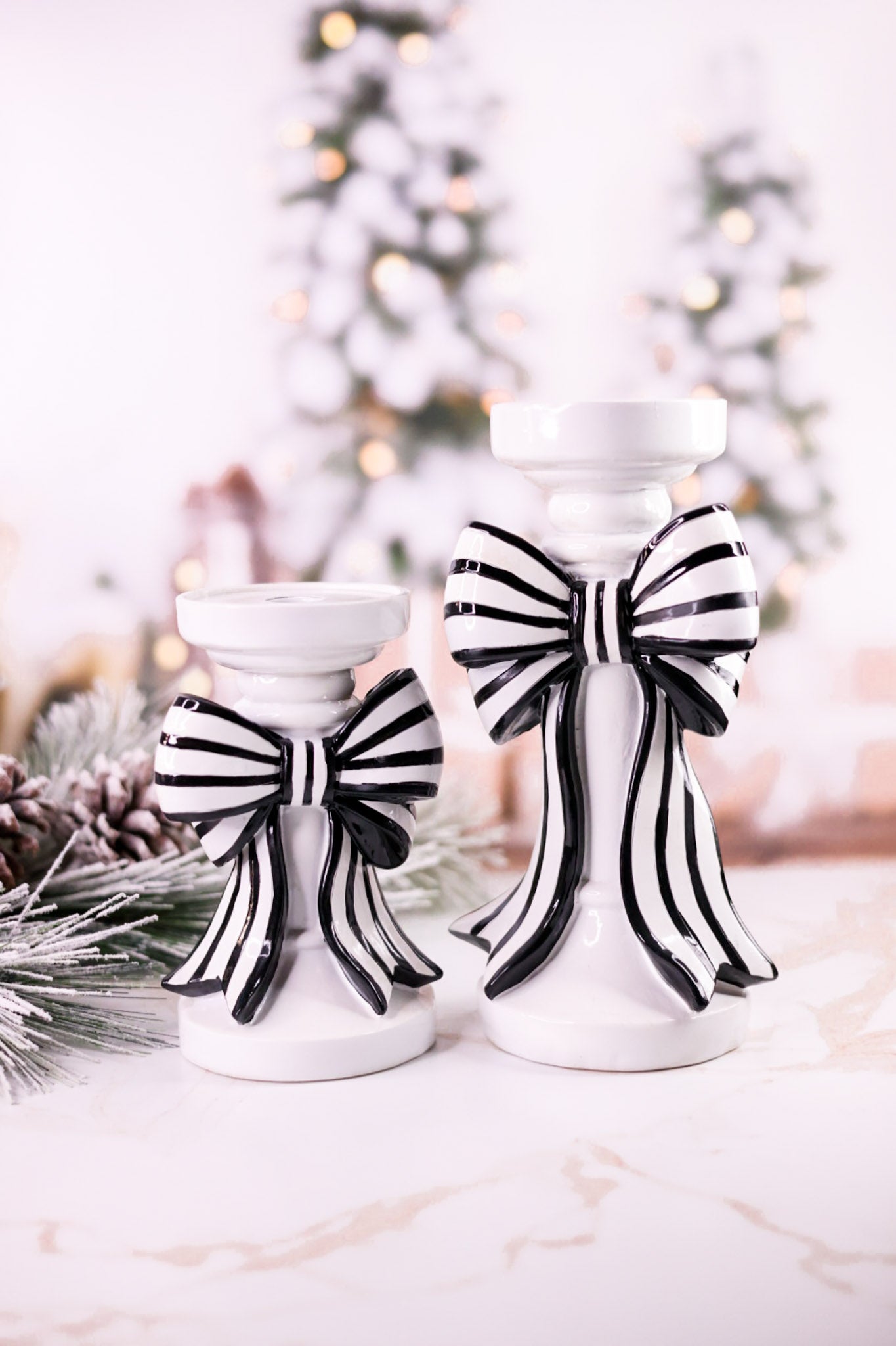 Black & White Striped Bow Resin Candle Holders (2 Sizes)