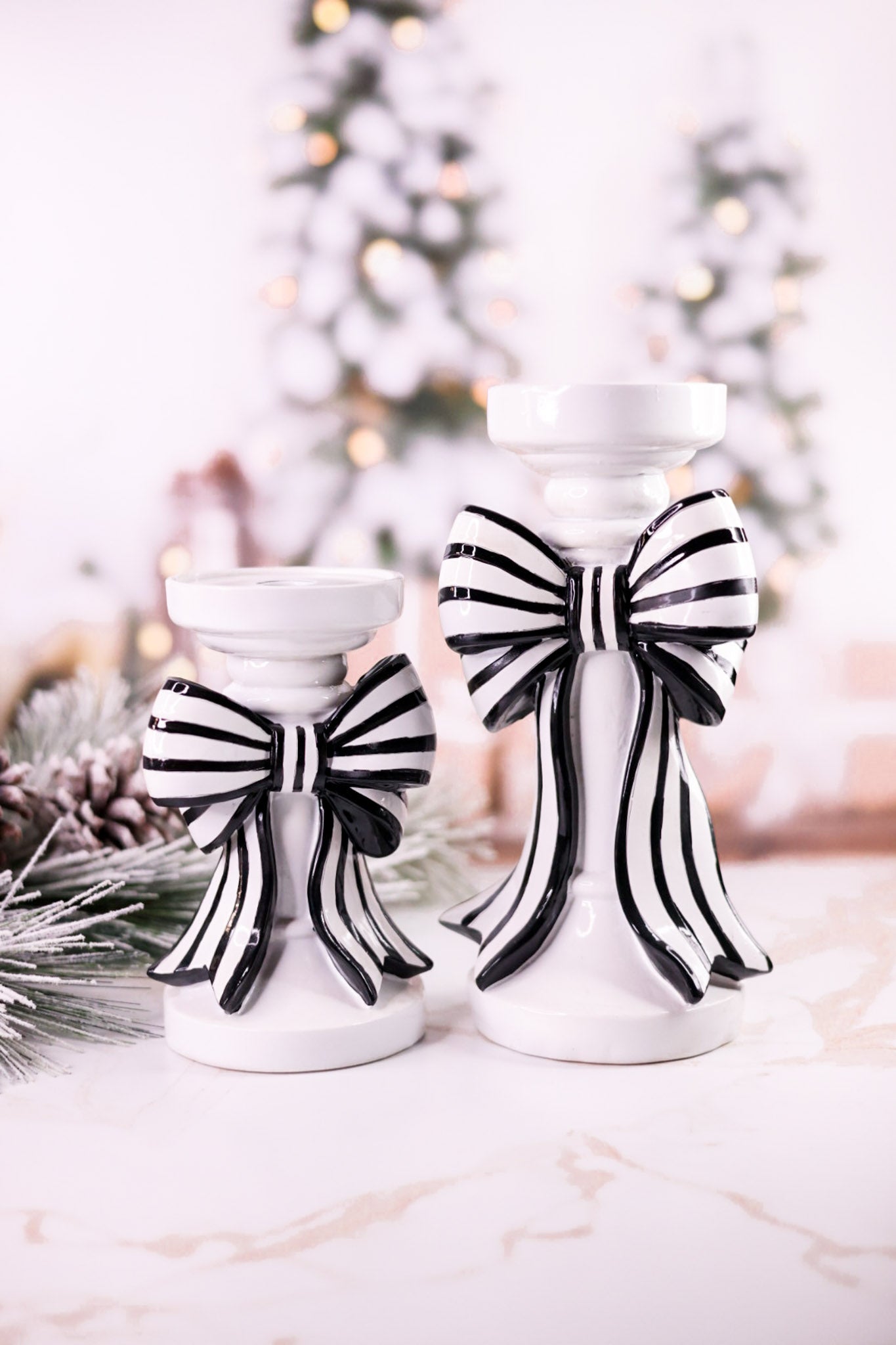 Black & White Striped Bow Resin Candle Holders (2 Sizes)