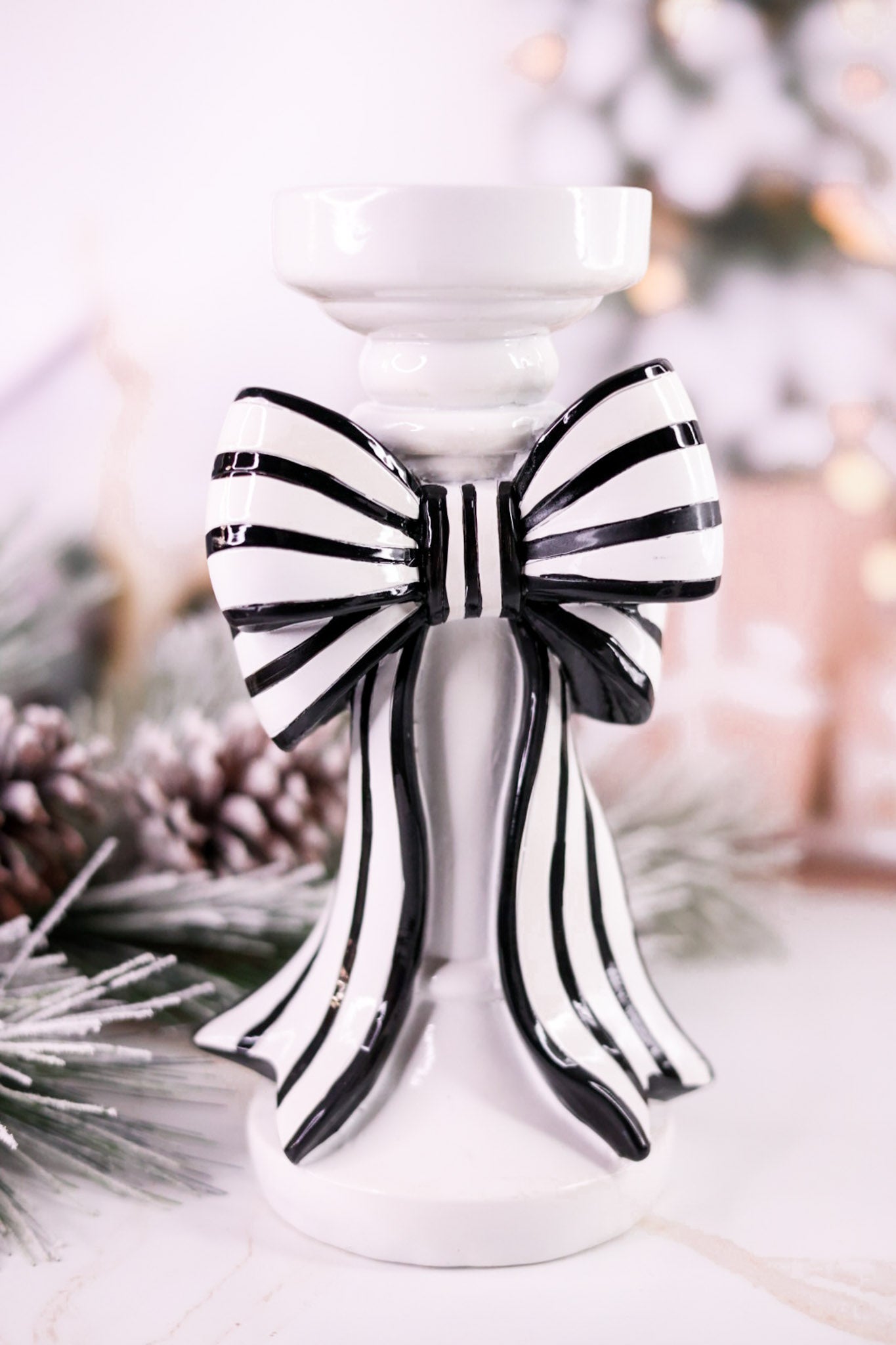 Black & White Striped Bow Resin Candle Holders (2 Sizes)