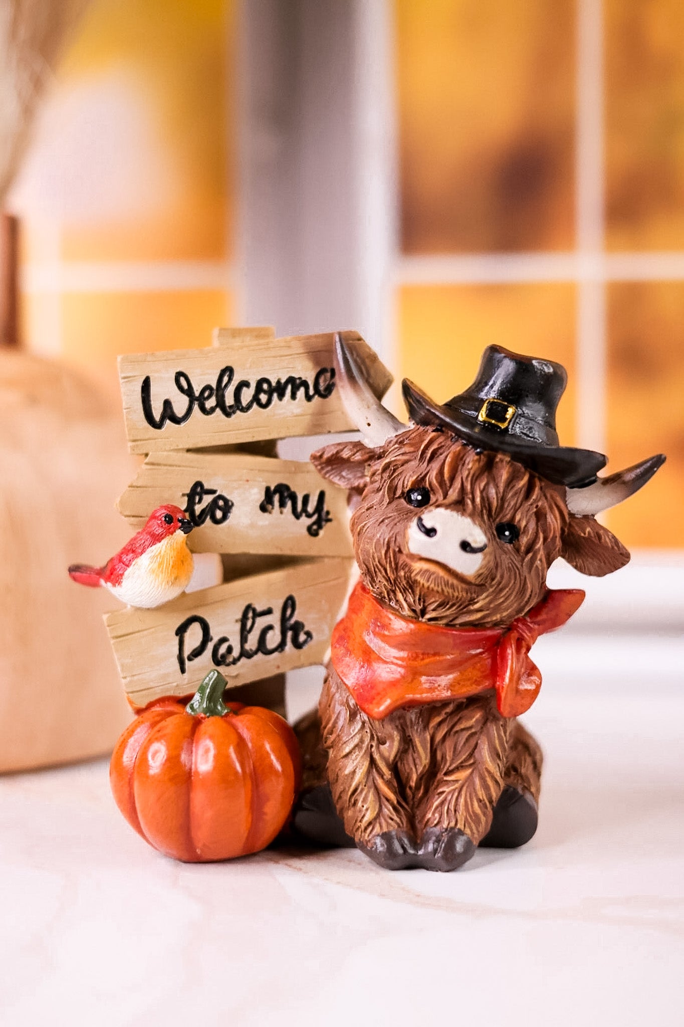 Resin Harvest Highland Cow W/ Sign Table Top Decorations (Two Styles)