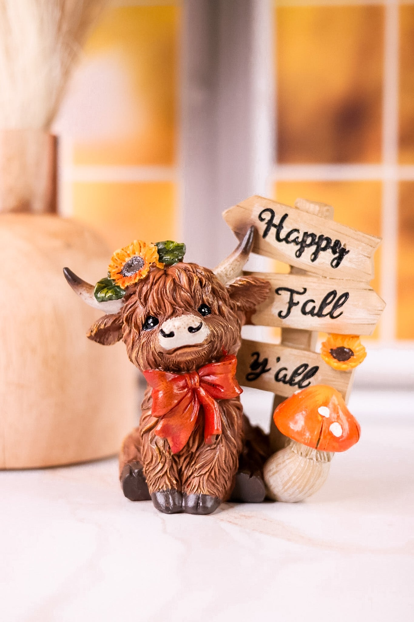 Resin Harvest Highland Cow W/ Sign Table Top Decorations (Two Styles)