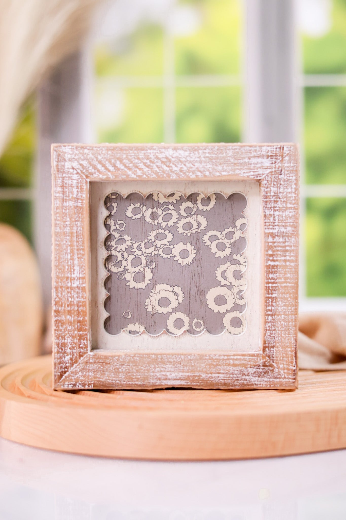 Wood Framed Navy/Grey Daisies Sign with Scalloped Edges