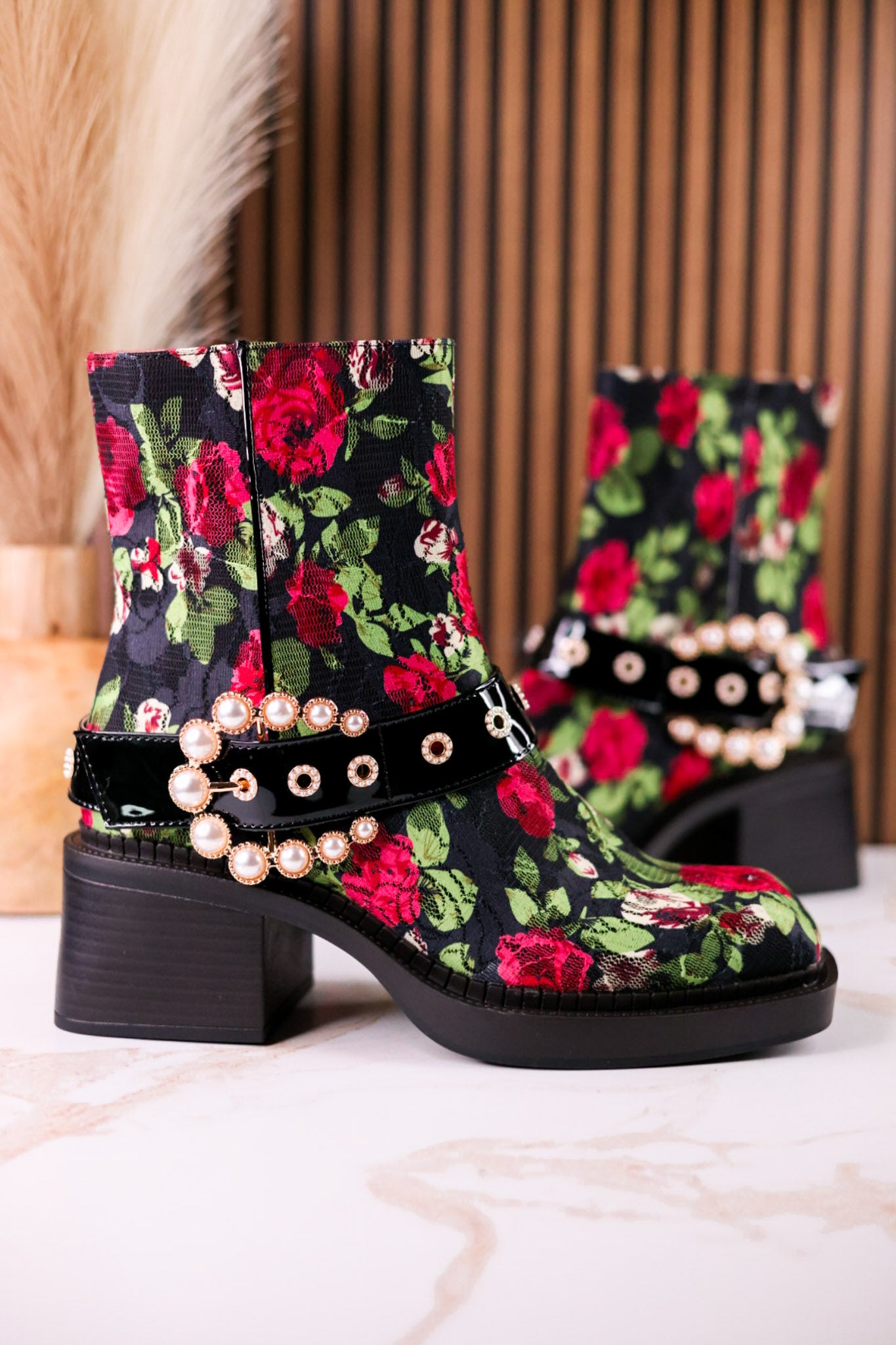 Betsey Johnson Floral Lace Asher Booties With Pearl Buckle