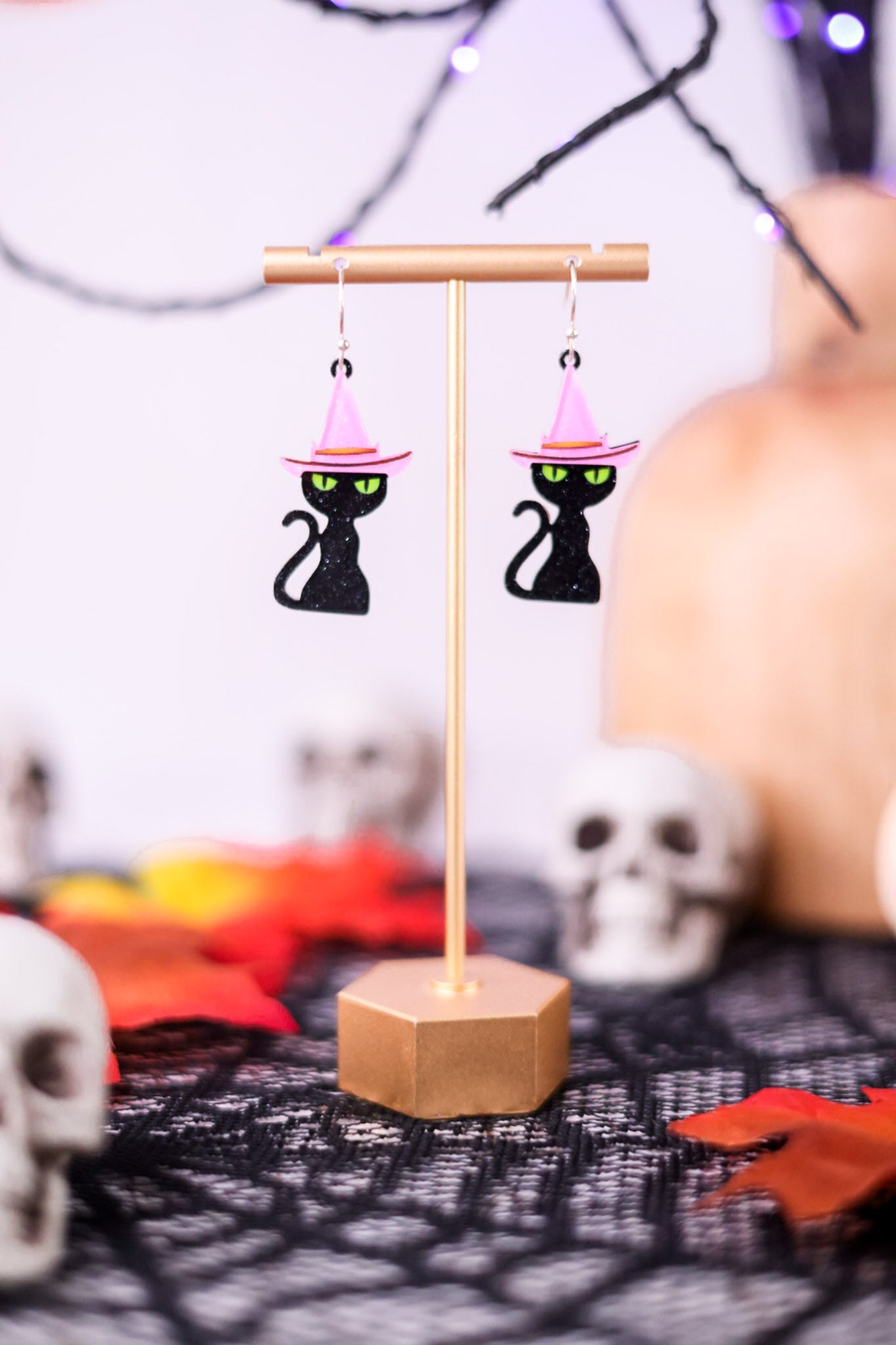 Black Cat With Witch Hat Earrings