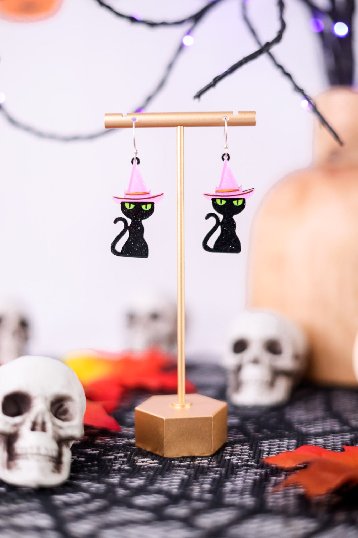 Black Cat With Witch Hat Earrings