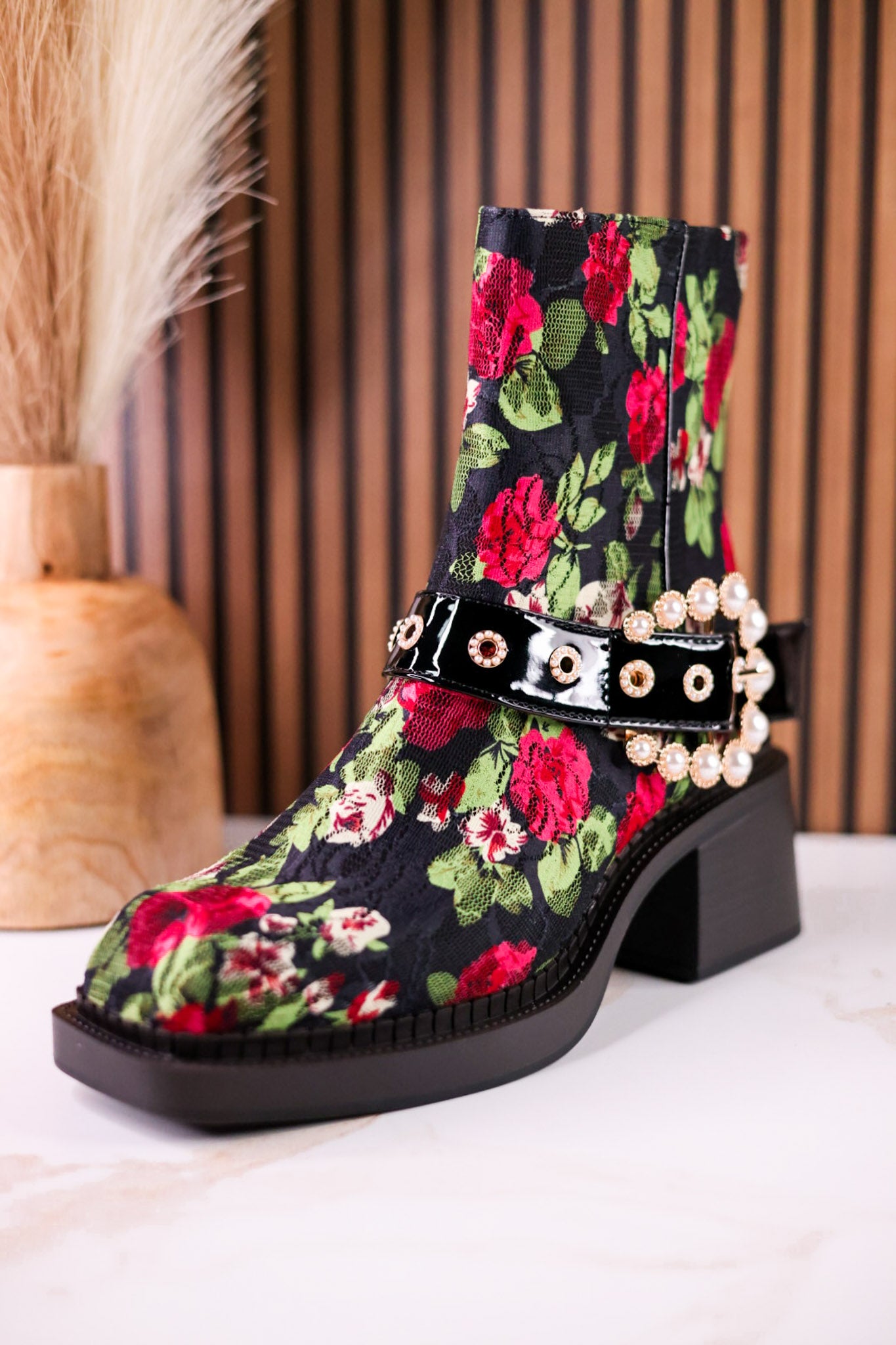 Betsey Johnson Floral Lace Asher Booties With Pearl Buckle