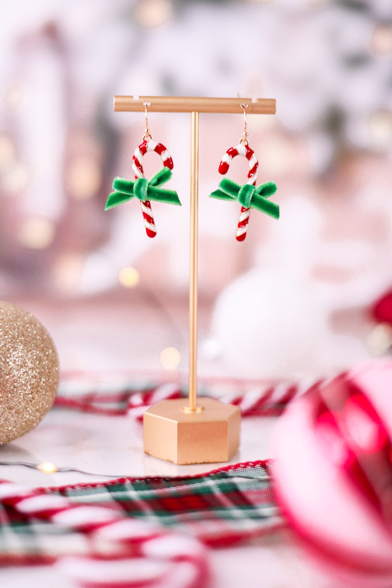 Candy Cane Earrings With Green Velvet Bows