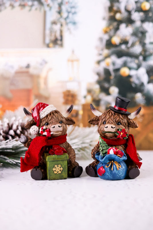 Resin Holiday Highland Cow W/ Present Decorative Figures (Two Styles)