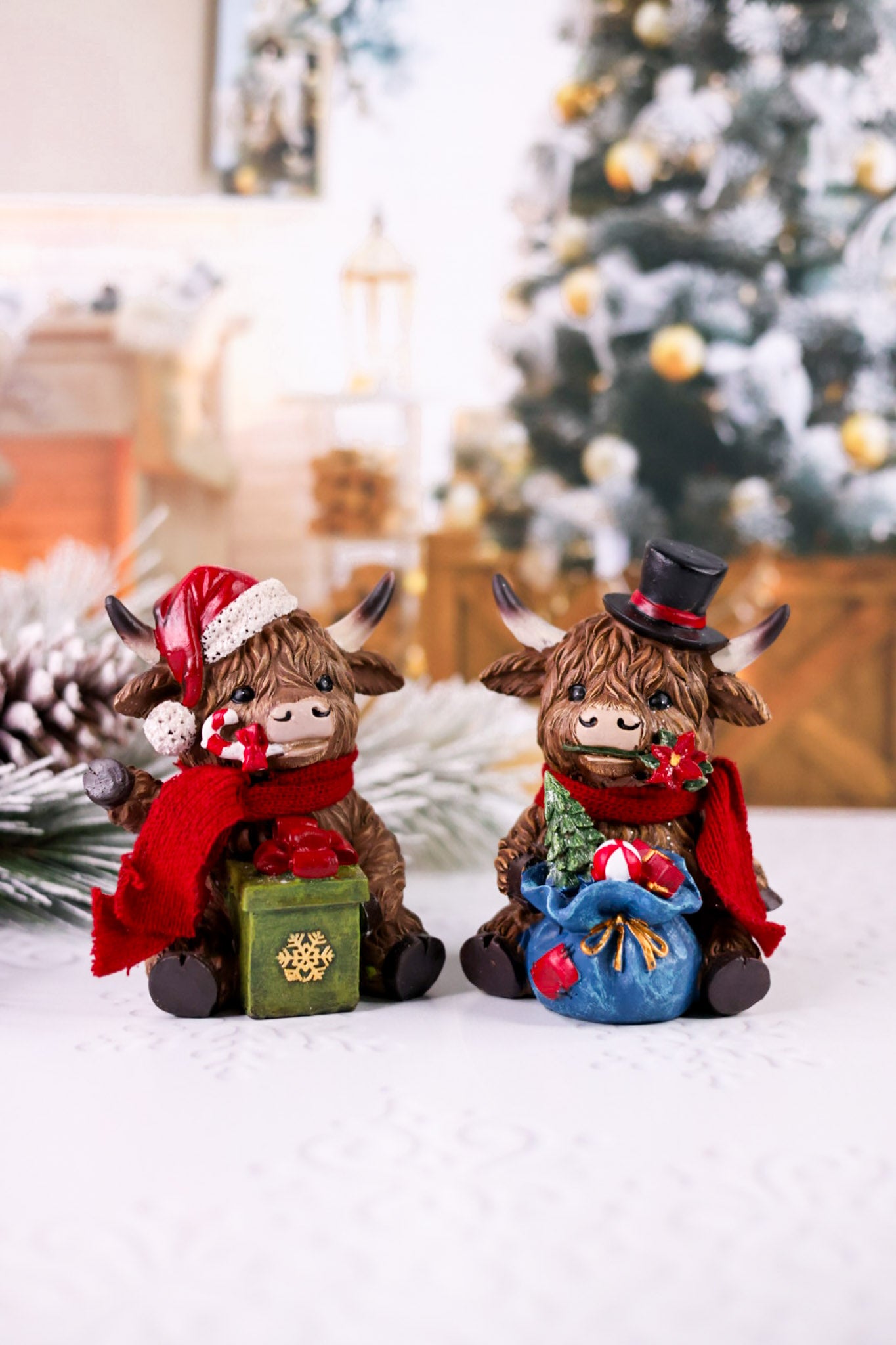 Resin Holiday Highland Cow W/ Present Decorative Figures (Two Styles)